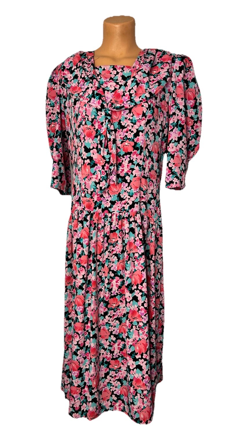 Belle France Pink Flowers Floral Black Cottage Core Prairie Dress Sz 12 Vtg 80s