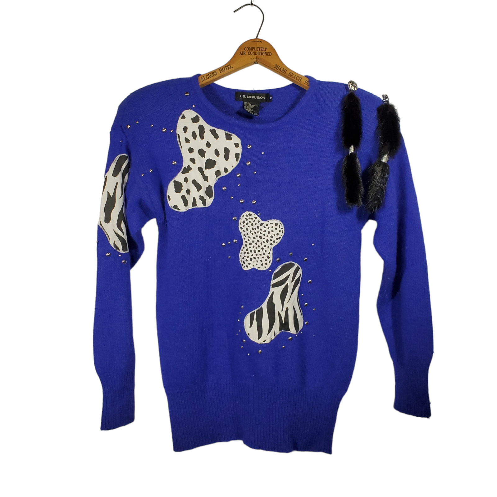 VTG 80s IB Diffusion Animal Print Knit Sweater Womens M Violet Mink Silk Angora