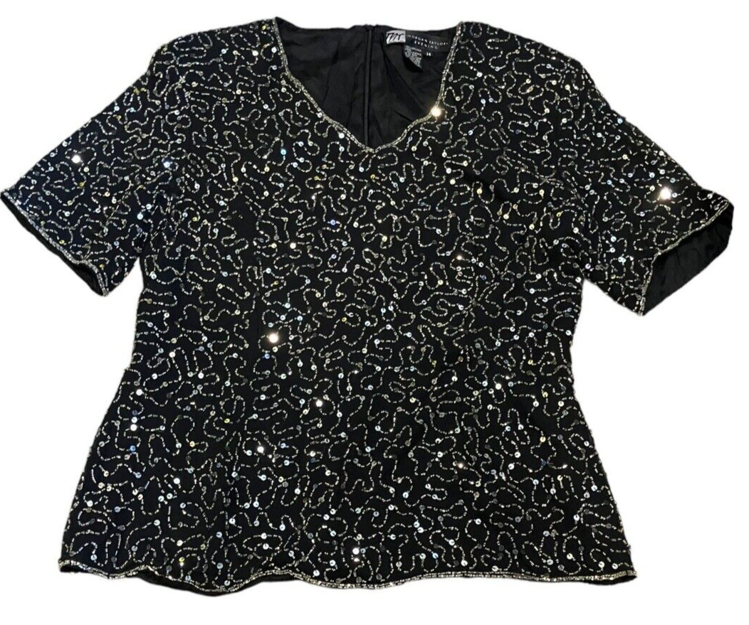 Vintage Morgan Taylor Sequins Tunic Evening Size 14 Beaded Party 100% Silk Top