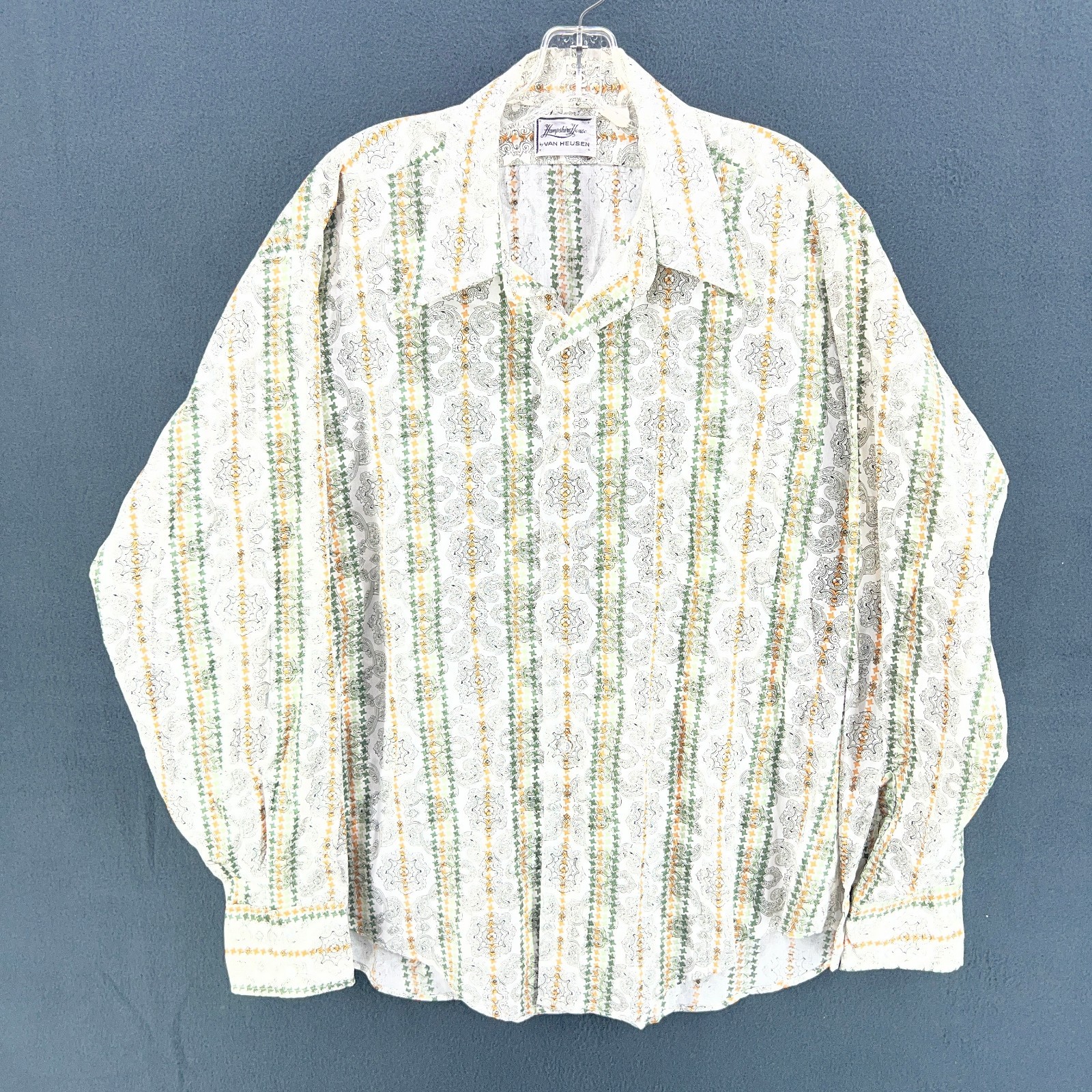 Vintage Hampshire House Van Heusen Paisley Disco Shirt 17 35 Green Orange Dagger