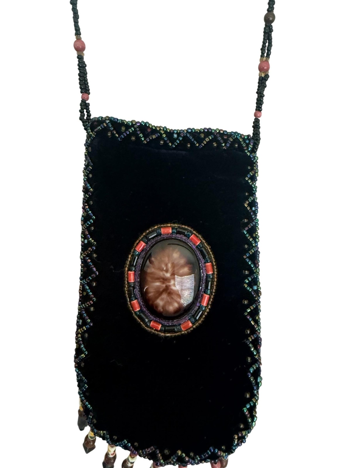 Vintage Handmade Silk Velvet Beaded Amulet Boho Medicine Herb Crystals Mini Bag
