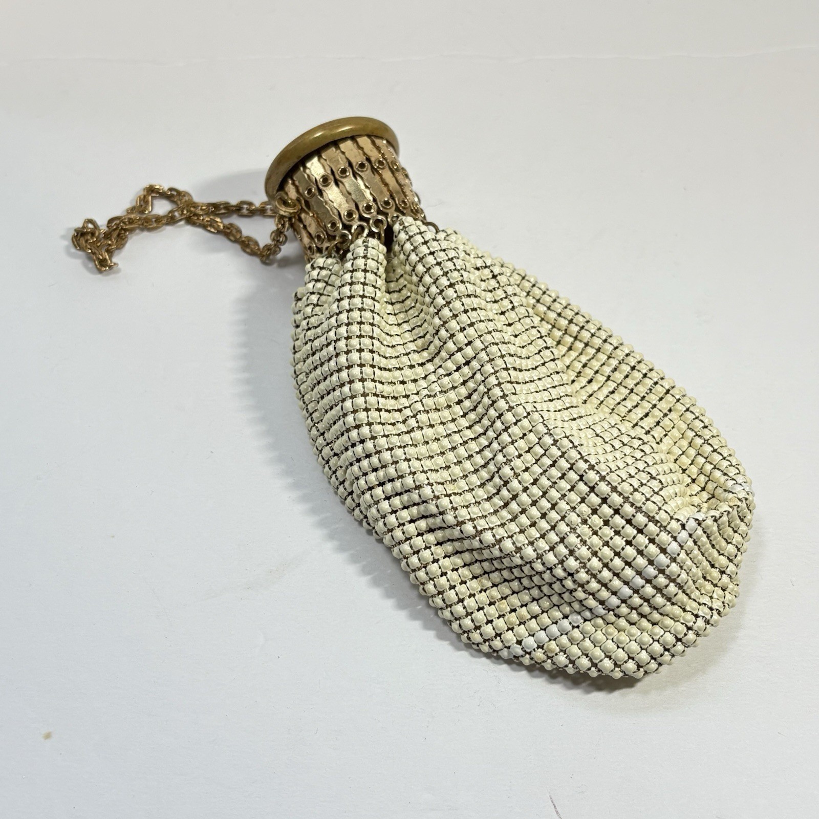 Vintage Whiting and Davis Expandable Cream Gold Metal Mesh Purse Handbag Clutch