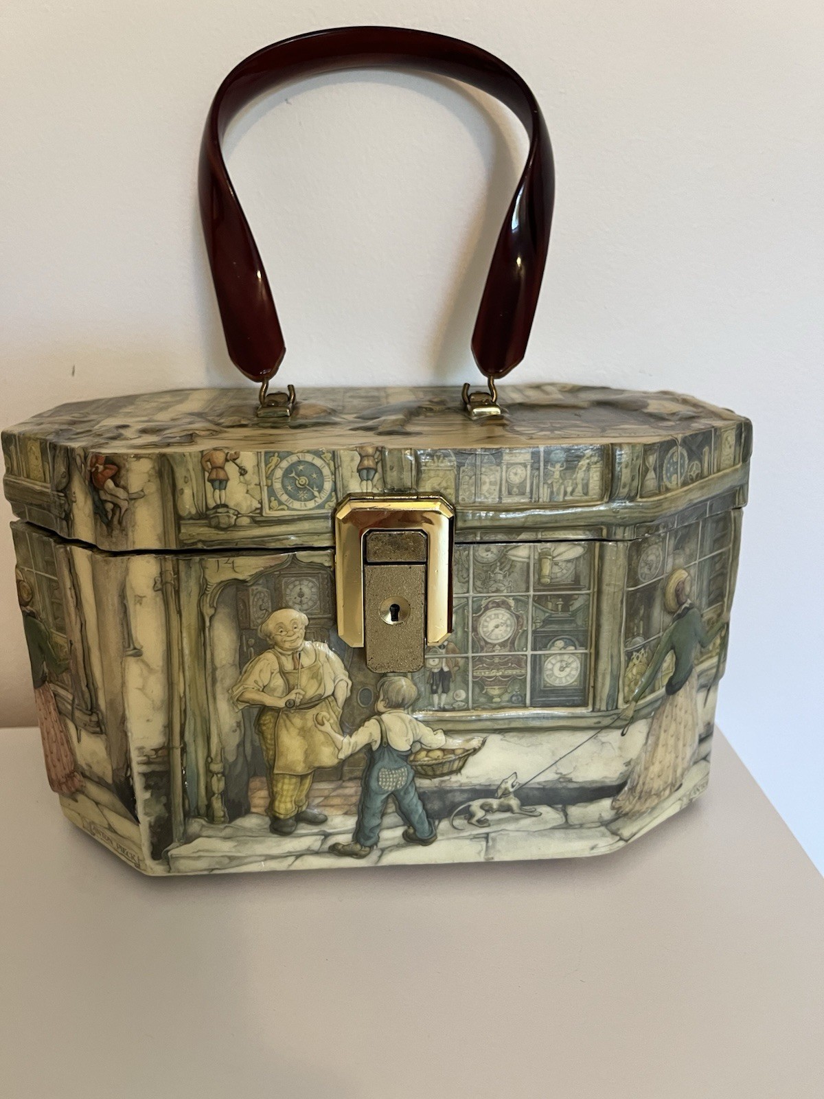 Vintage Glen Alden Wooden Purse 3-d of a Victorian Shoppe Scene