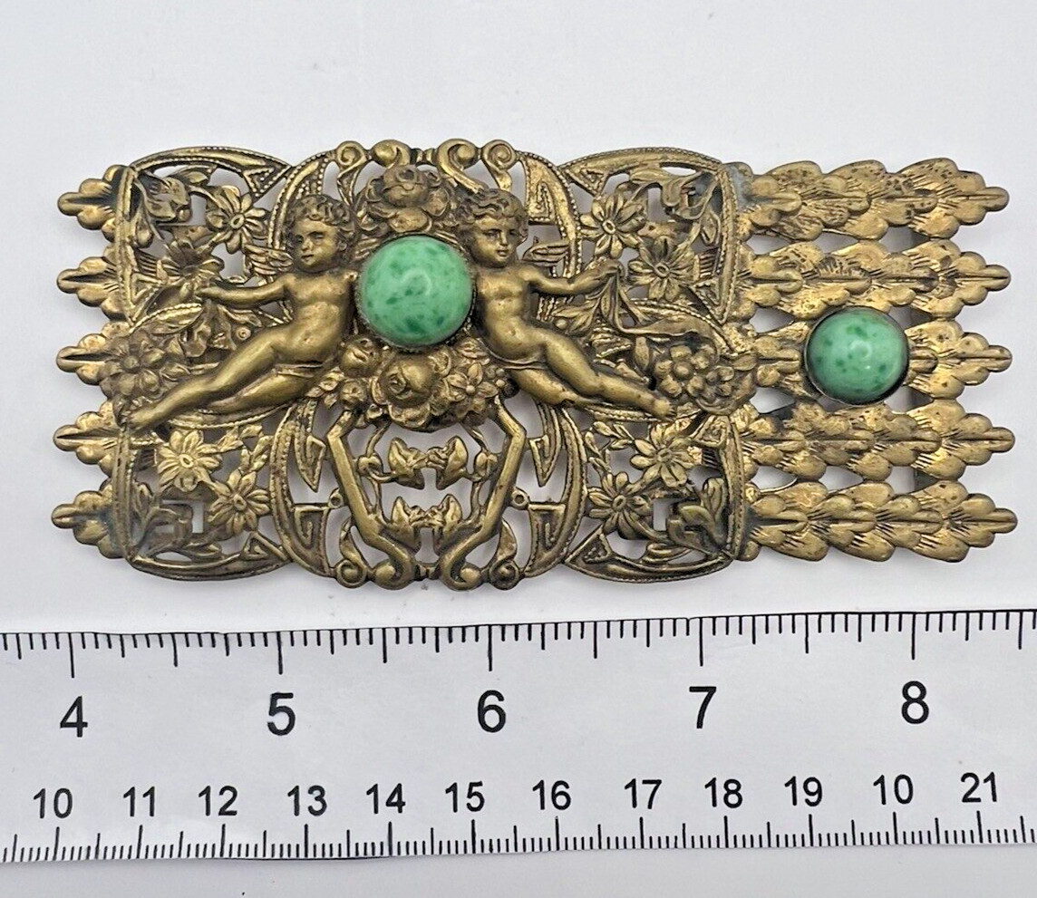 Antique Victorian or Art Deco Ornate Buckle Gold Bronze Tone Peking Style Glass