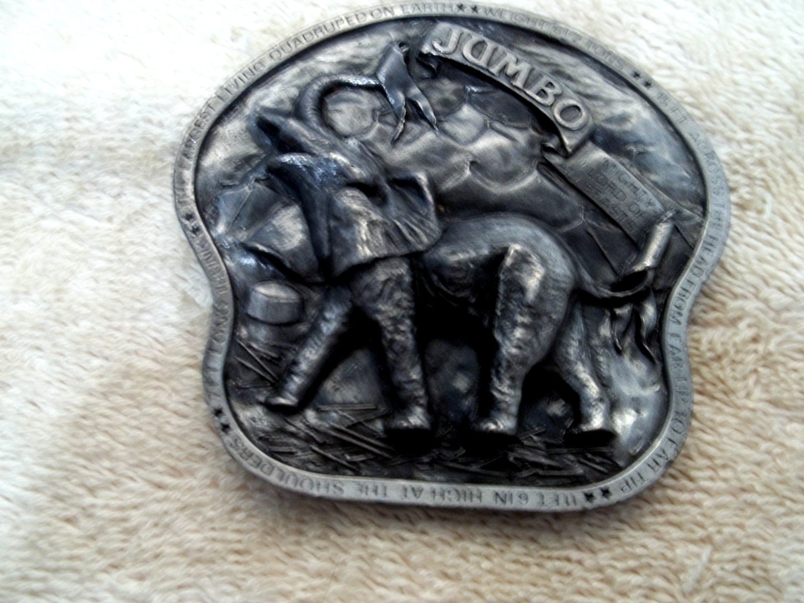 Vintage BERGAMOT BRASS WORKS Belt Buckle w/Jumbo the Elephant, Dated 1976