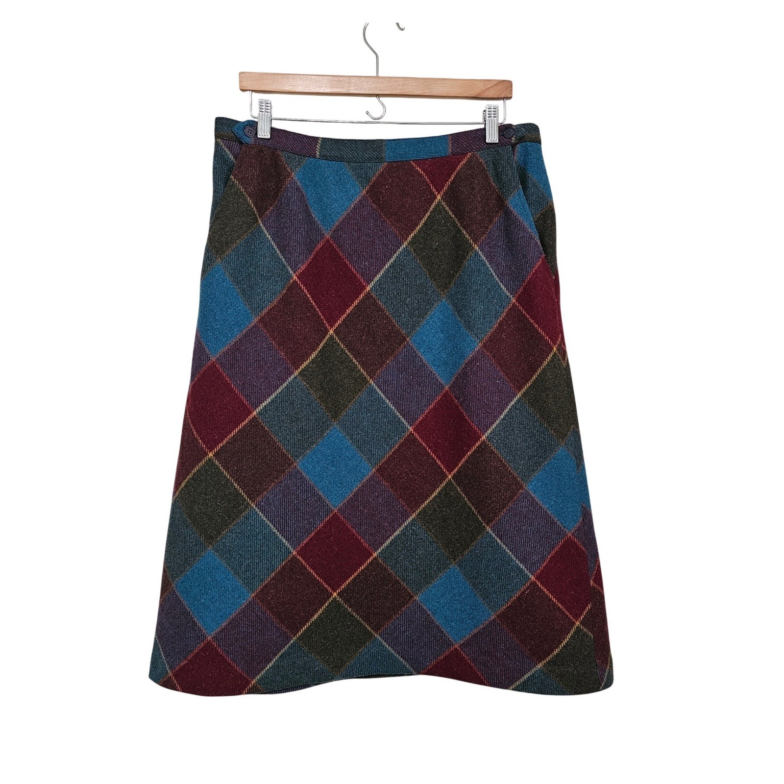 VTG A-Line Argyle Midi Skirt 18 Wool Blend Pockets Jewel Tone Old Money Academia
