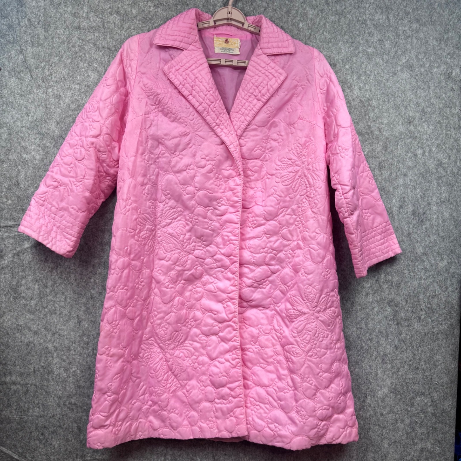House of Ming Housecoat Women M Pink Quilted Robe Floral Butterfly Vtg Hong Kong