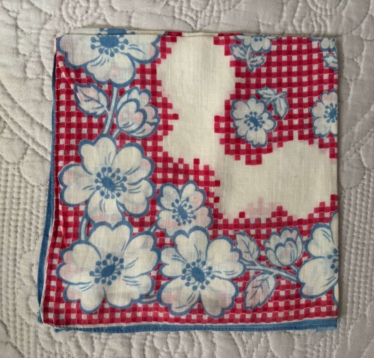 Vintage Printed Red Checkered & Blue Flowers Cotton Handkerchief