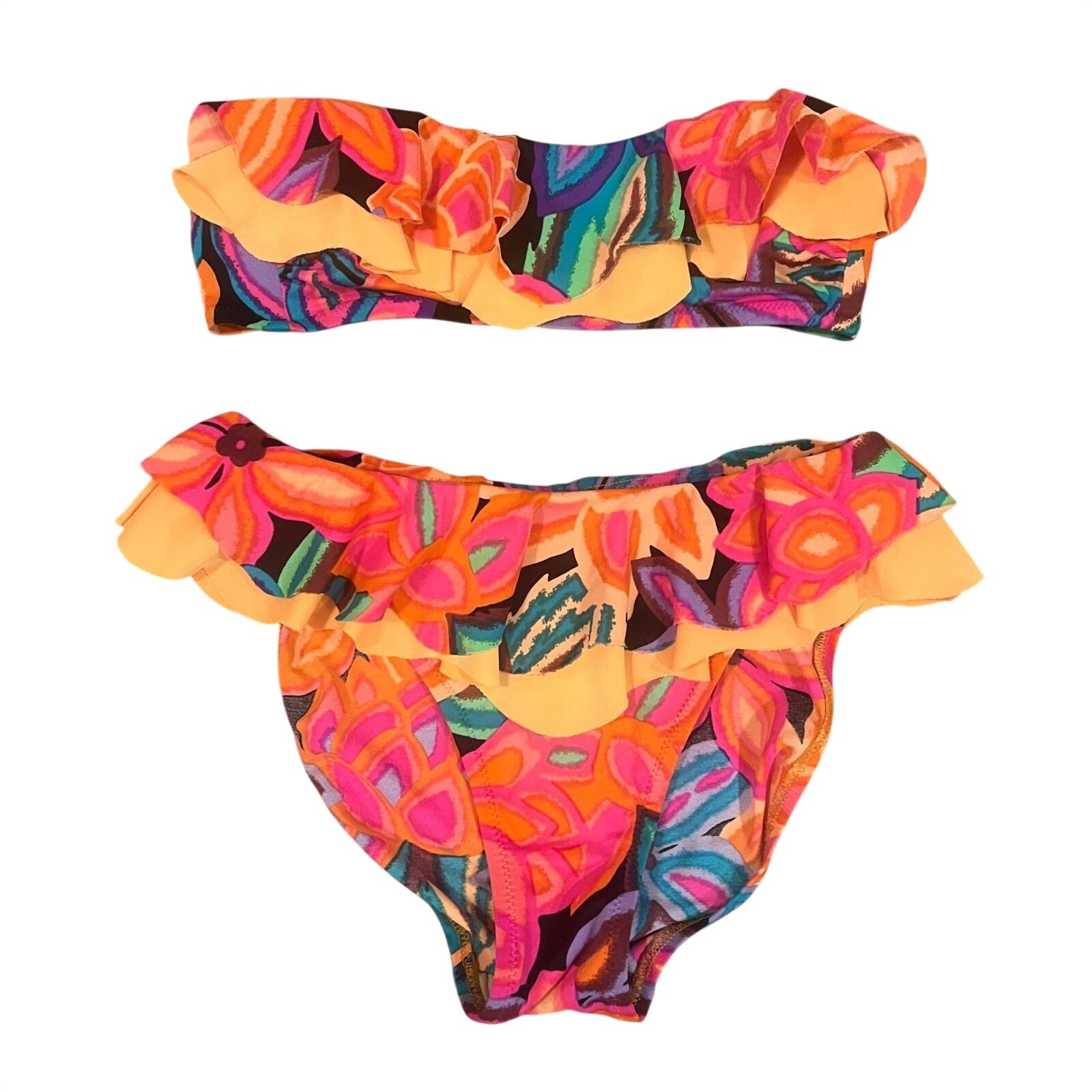 Vintage DeWeese California Neon Floral Ruffle Bandeau Bikini Set Size 8 USA Made
