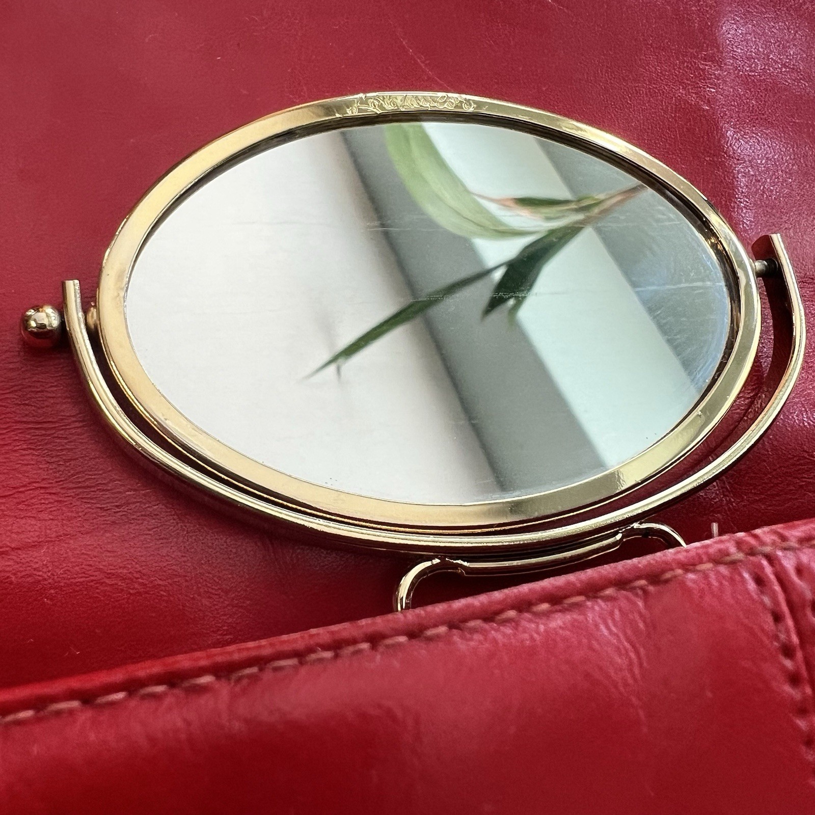 Vintage Lou Taylor Red and Beige Leather Purse Gold Hardware Double Sided Mirror