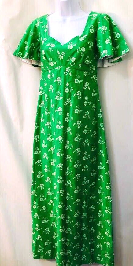 Milo Boston VTG 70s green white flower cotton chintz flutter sleeve maxi dress S