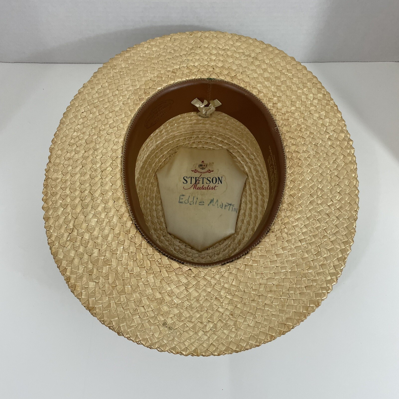 VTG Stetson Hat Mens 6 7/8* Long Oval Blue Red Ribbon Medalist Straw Boater Hat