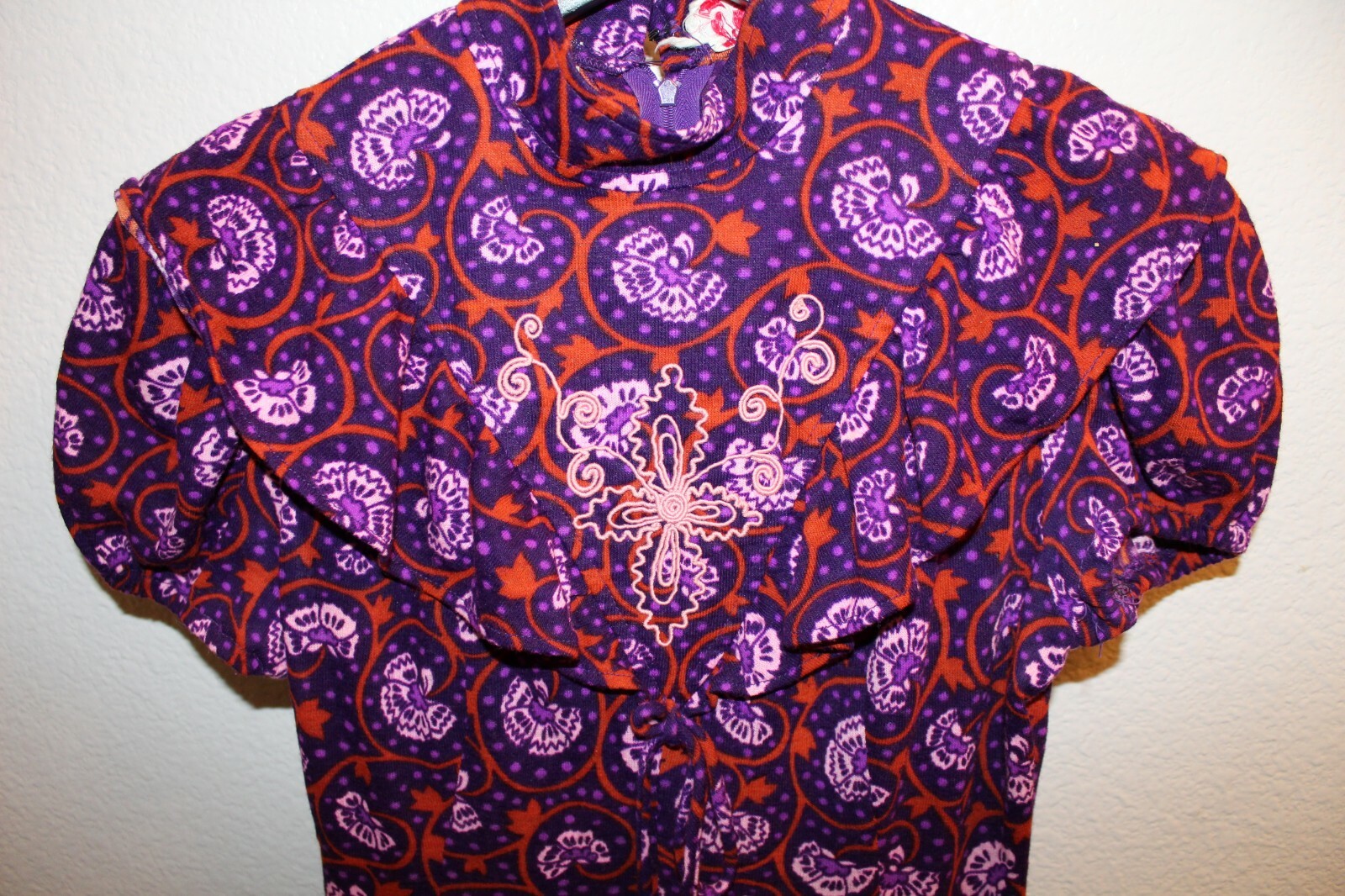 VTG JERELL of Texas purple orange psychedelic high neck pattern dress 70s size 7