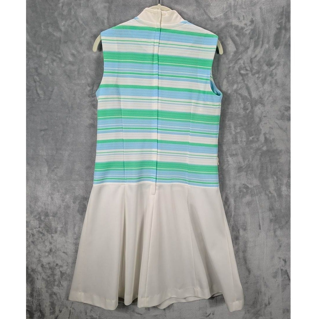 Vtg Dress Womens Medium Striped White Green Blue Sleeveless Knee Length Zip 3 PC
