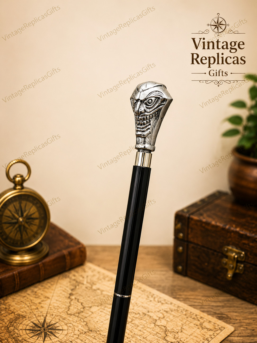 Joker Head Walking Stick Black Wooden Cane Gothic Halloween Costume Cosplay Gift