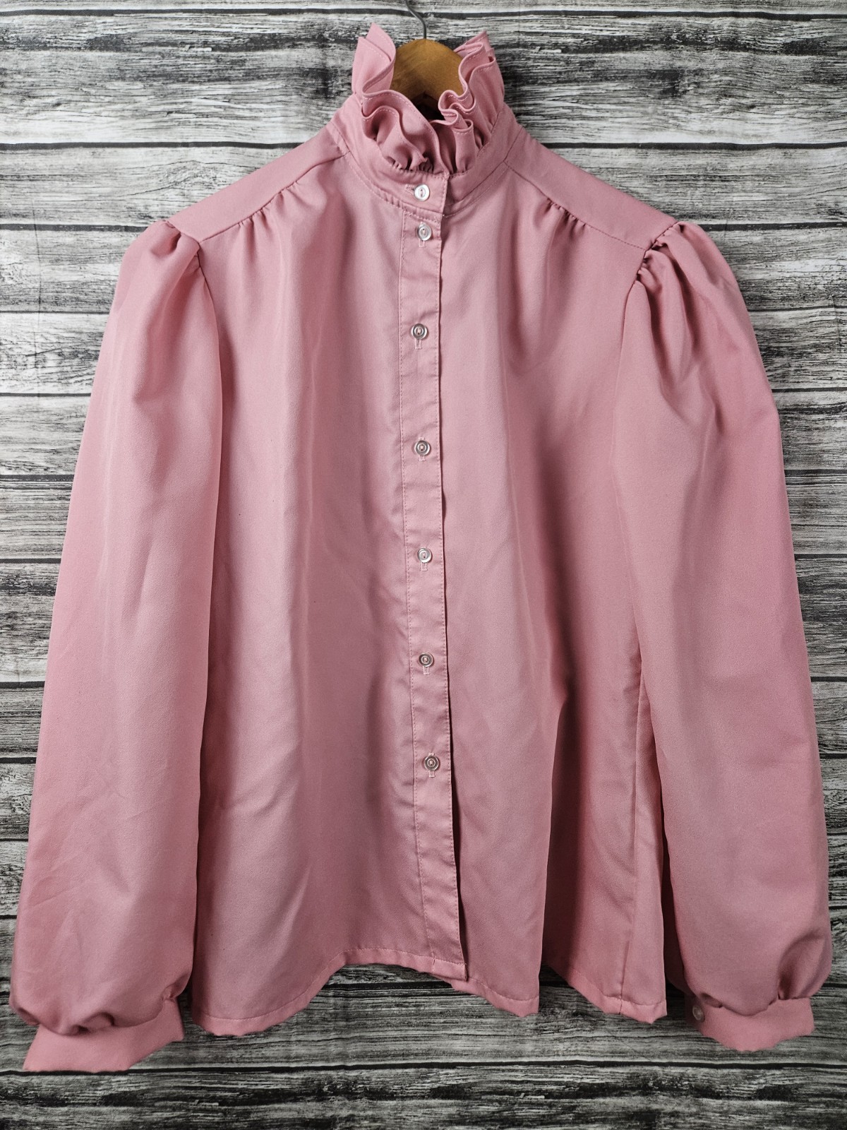Vintage Montgomery Ward Women’s 10 Blush Pink Ruffle Mockneck Button-up Top