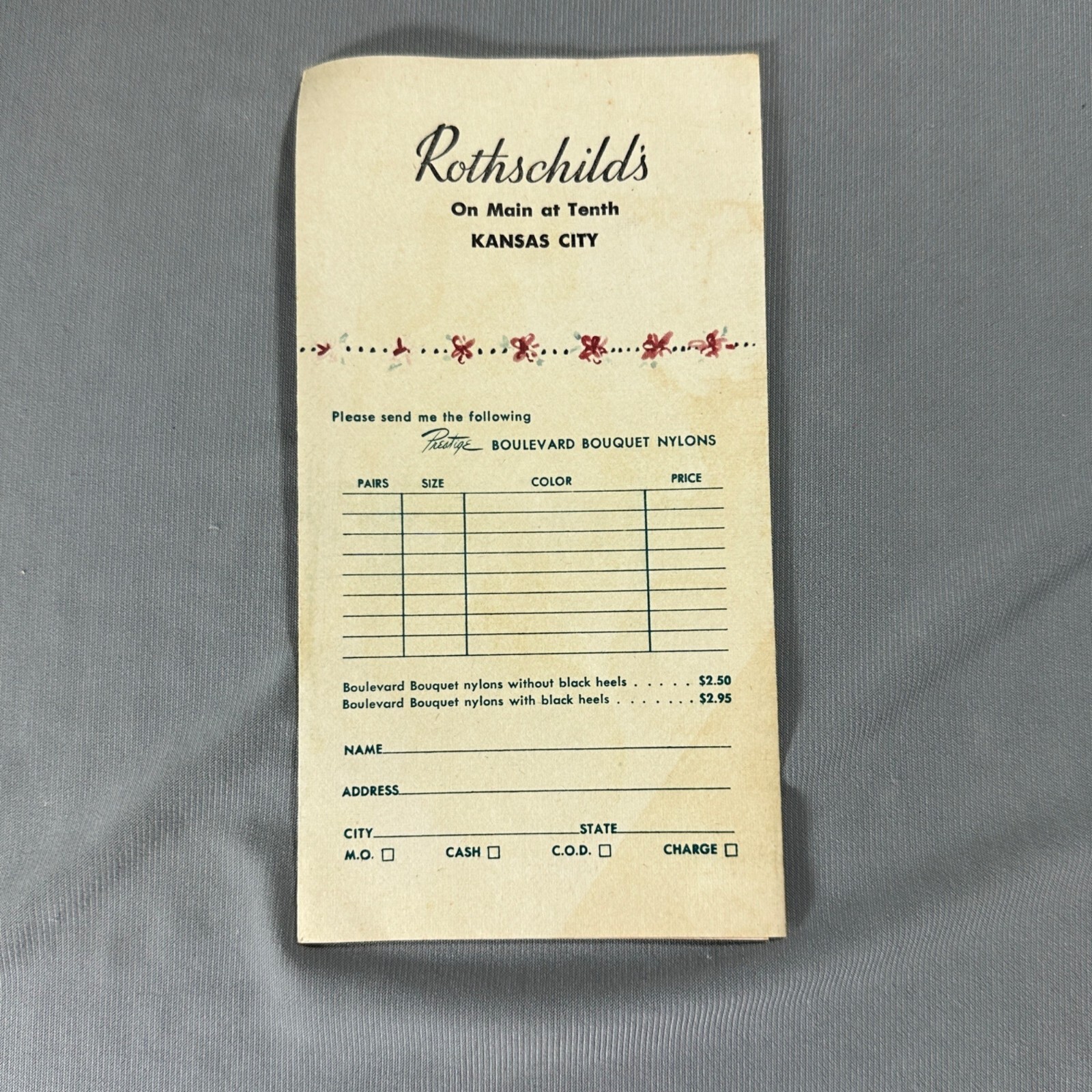 Vintage Order Brochure Prestige Boulevard Bouquet Nylons Rothchilds KCMO