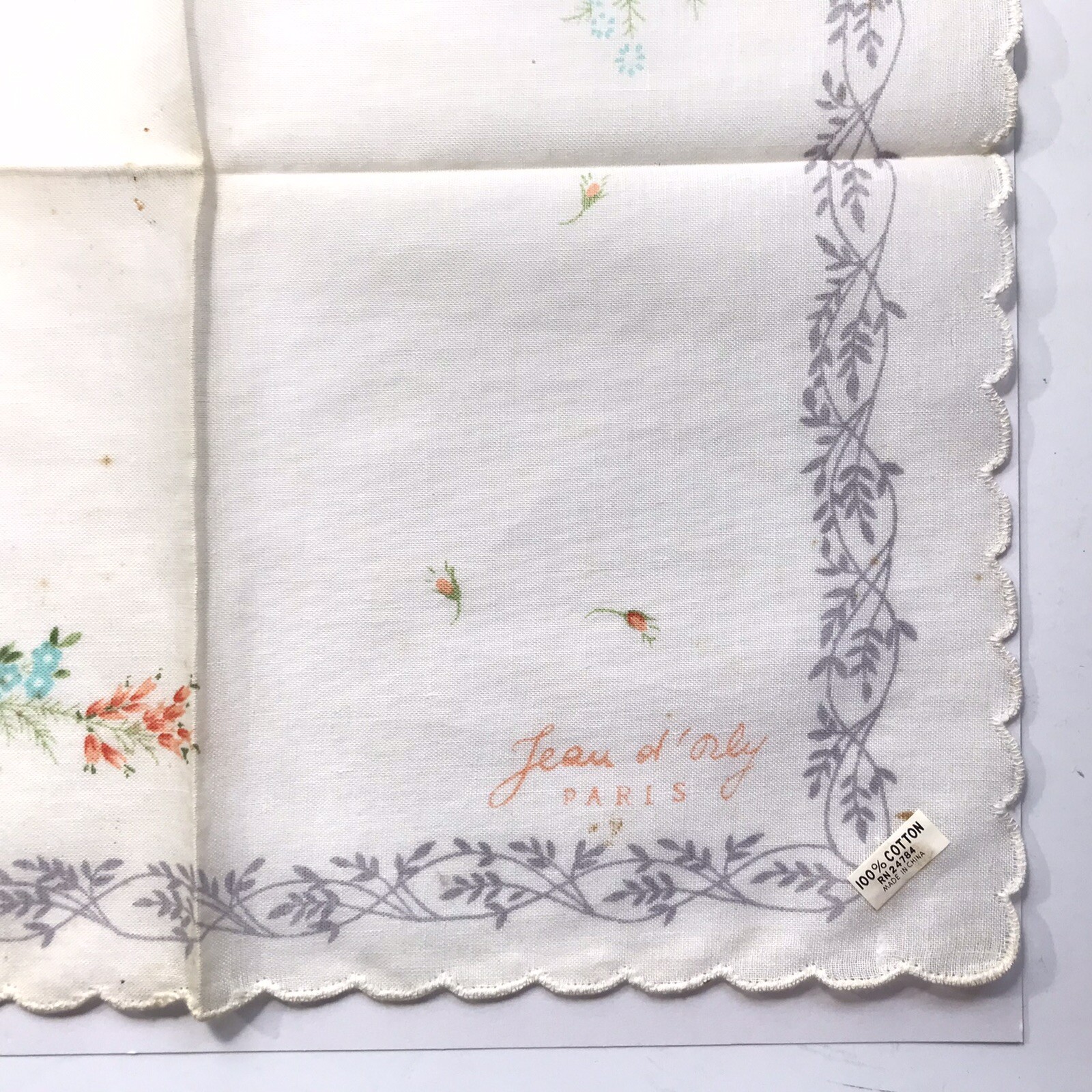 NWT Vintage Jean d’Orly Handkerchief PARIS Mid Century White Floral