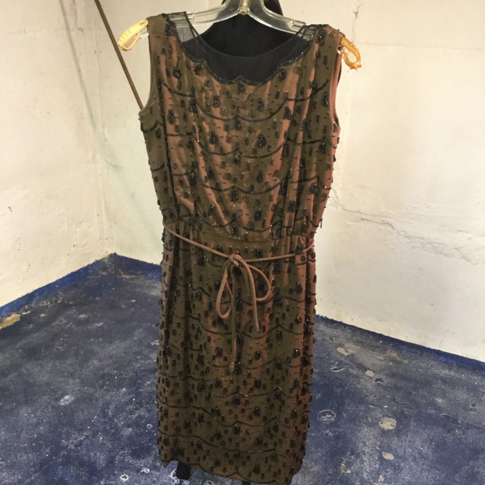 Larry Aldrich Vintage Brown Cocktail Dress with Black Beads in Profusion S