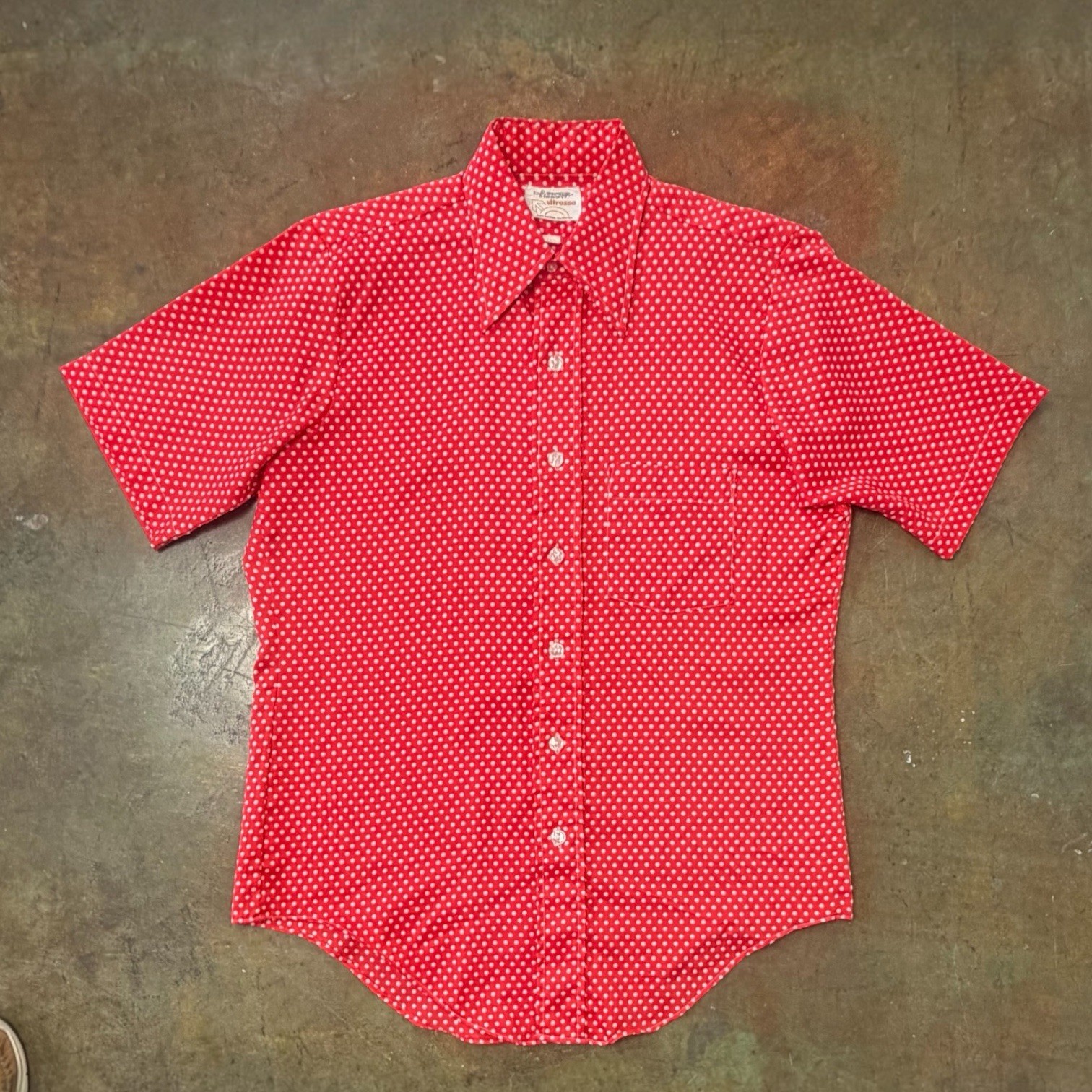 Vintage 70s Arrow Uttressa Red White Mini Polka Dot Disco Shirt Mens 15.5 USA L
