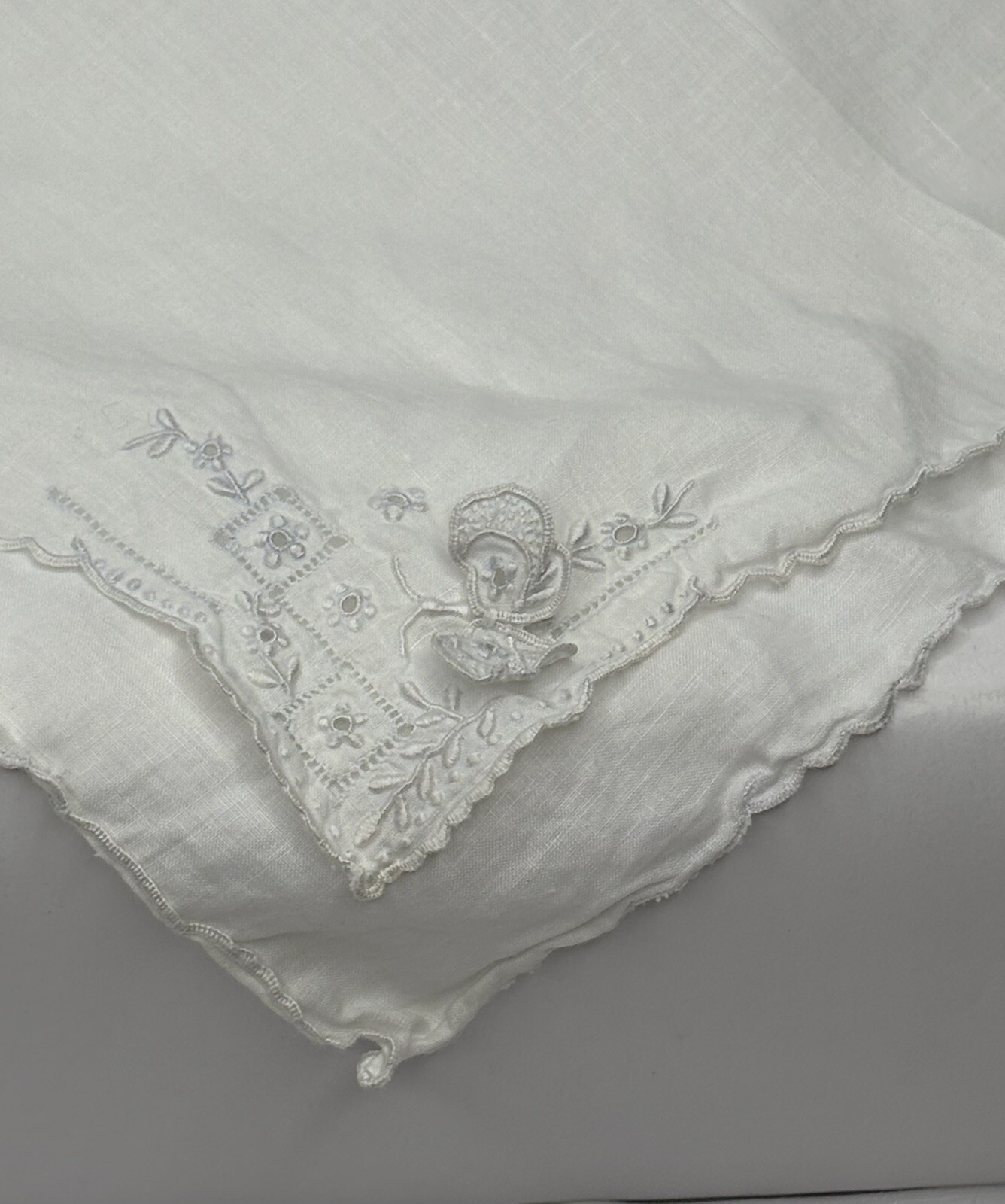 Vintage handkerchief white 3D butterfly 10.5x 11 Cotton Wedding Hankie