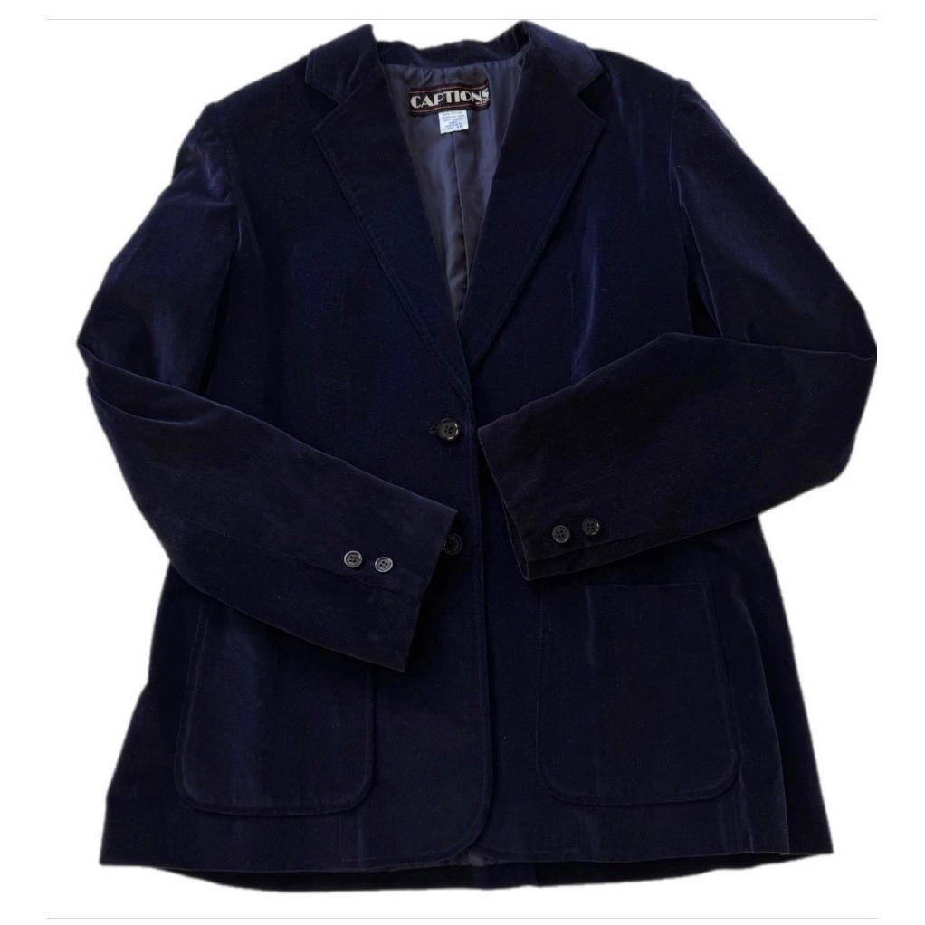 Captions Blazer Women 18 Navy Blue Velvet Cotton Japan Vintage Two Button Jacket