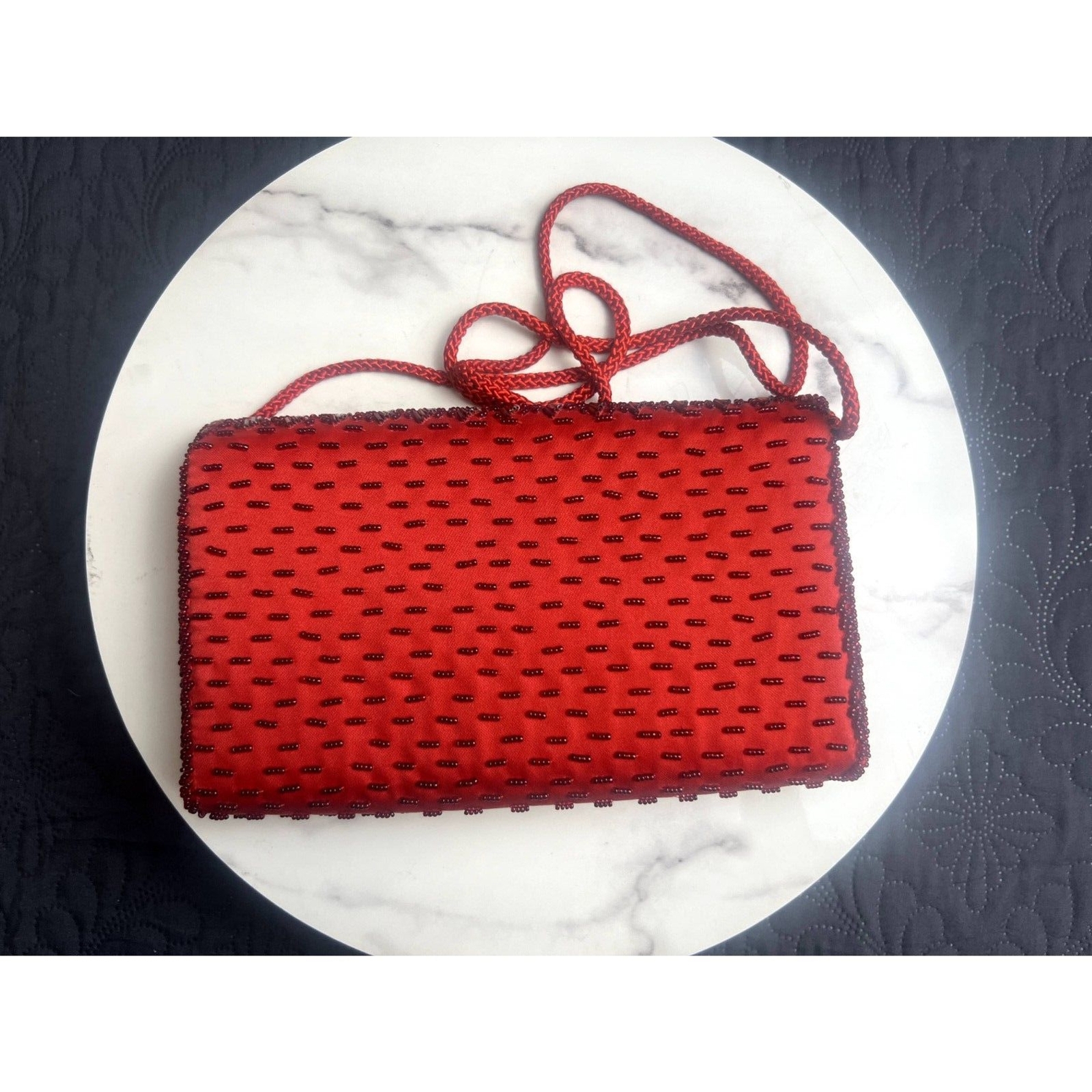 Vintage 80’s Lindsey Blake Red Satin Beaded Clutch Evening Bag Glam:Pre-Owned