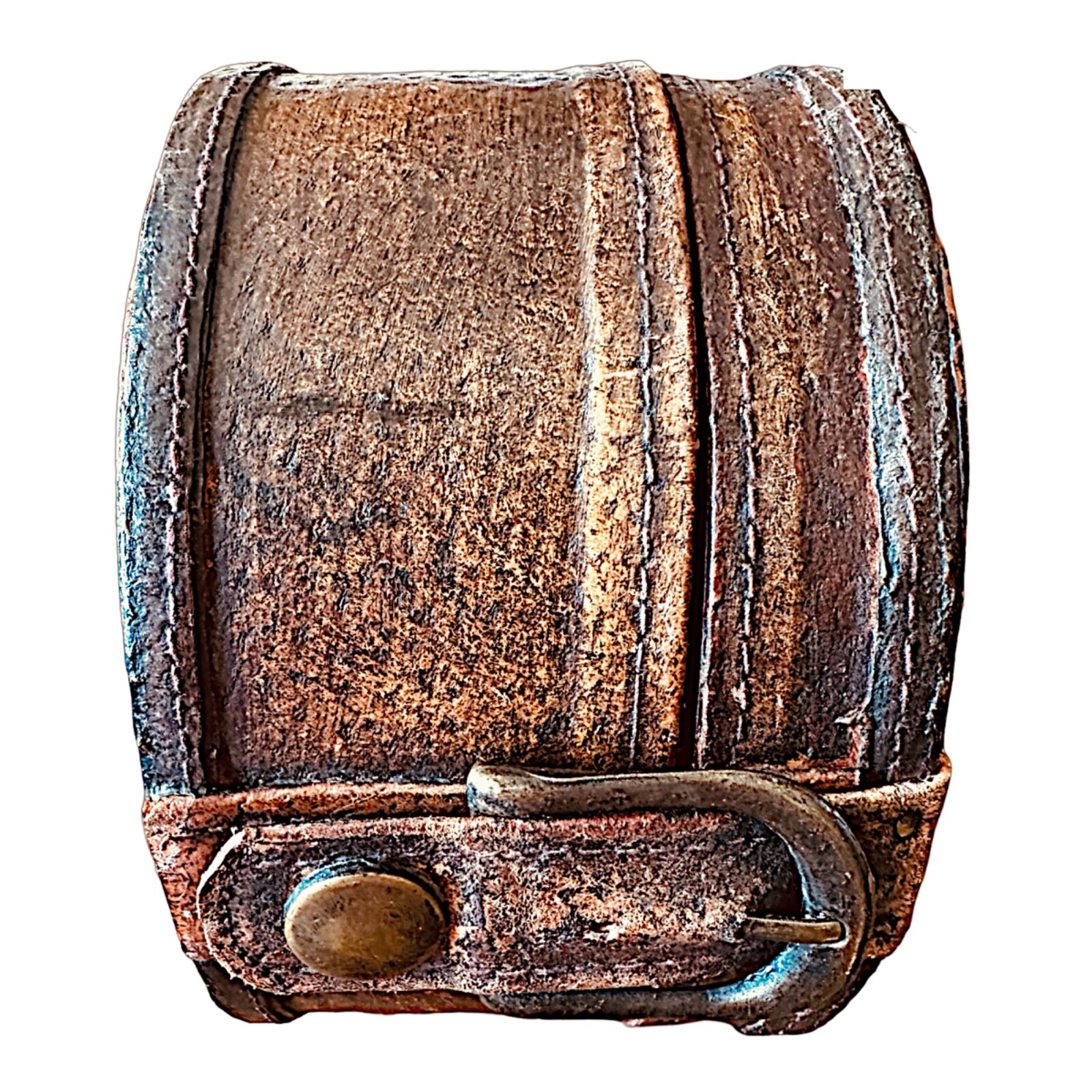 Vintage Antique Bent Wood Leather Covered Collar Box Felt Lined Leather Strap