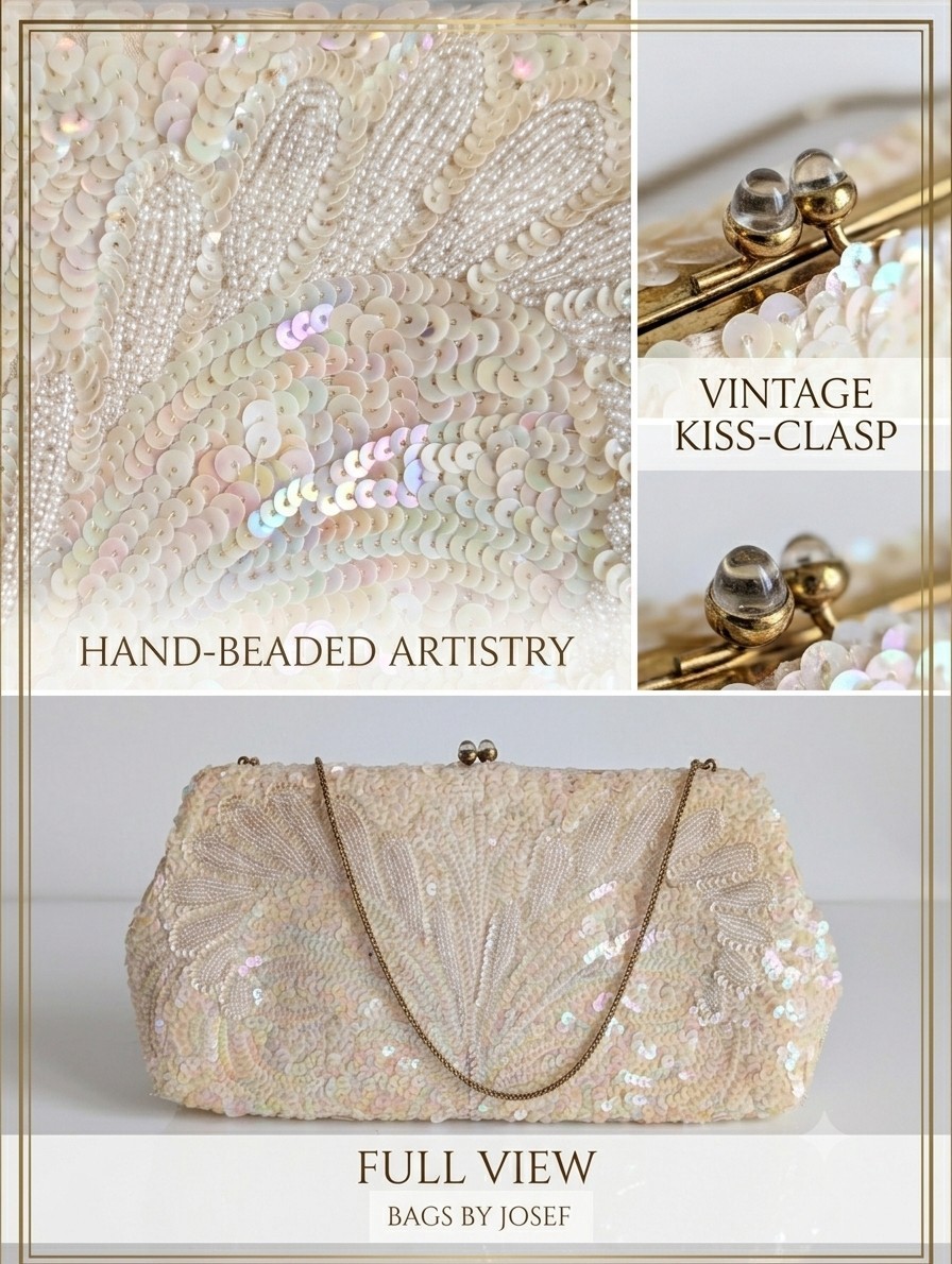 VTG 60s Josef Beaded Sequin Clutch Purse Cream Iridescent Hand Beaded In France