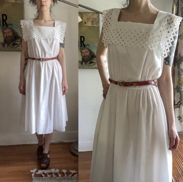 Vintage 60’s Sheer White Laser Cut Square neck house cotton day dress