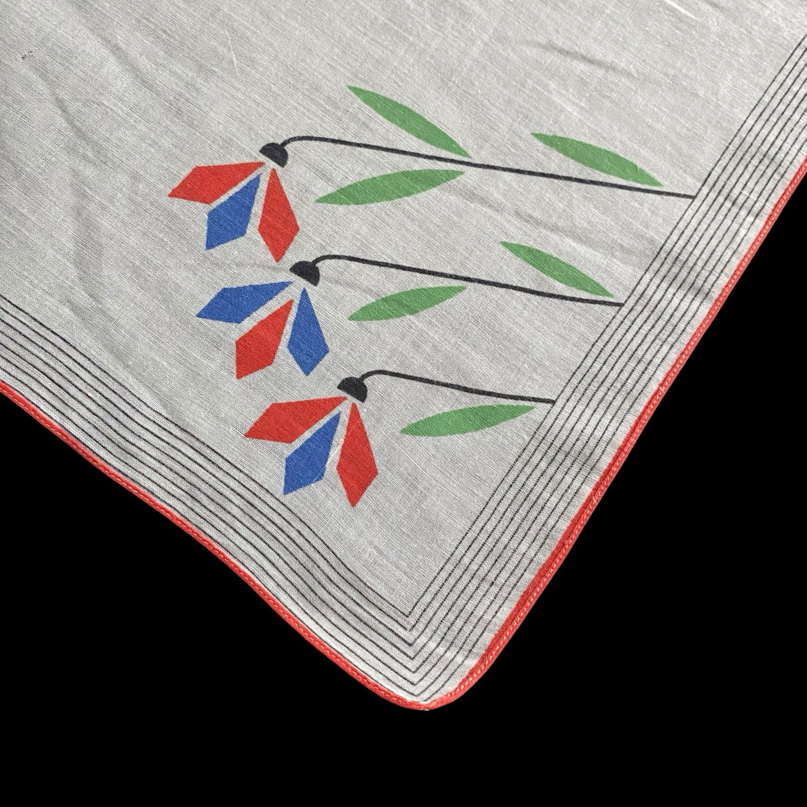 Vtg Hanky Handkerchief Modernist Floral Mod Orange Blue Green HK192