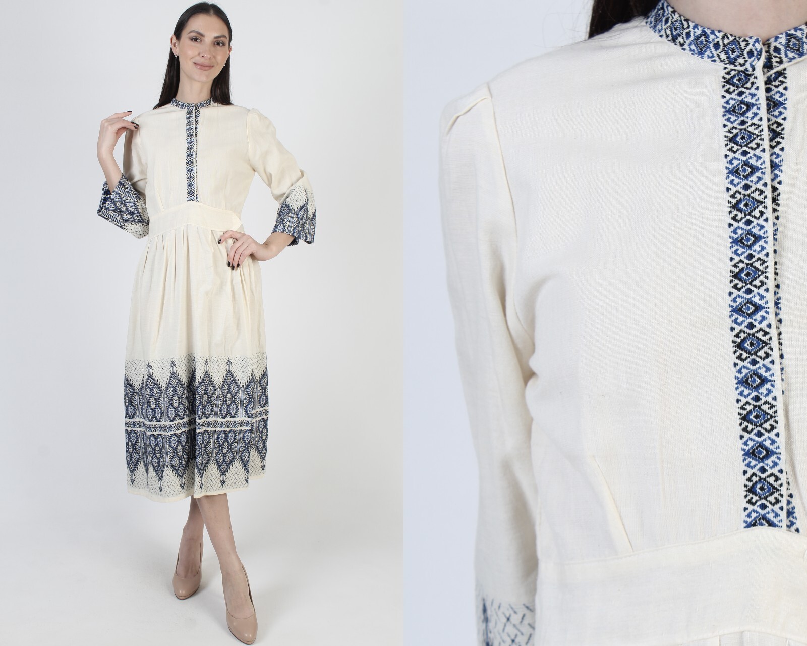 Vtg 70s Embroidered Geometric Ethnic Dress Bell Slv Muslin Cotton Tribal Midi