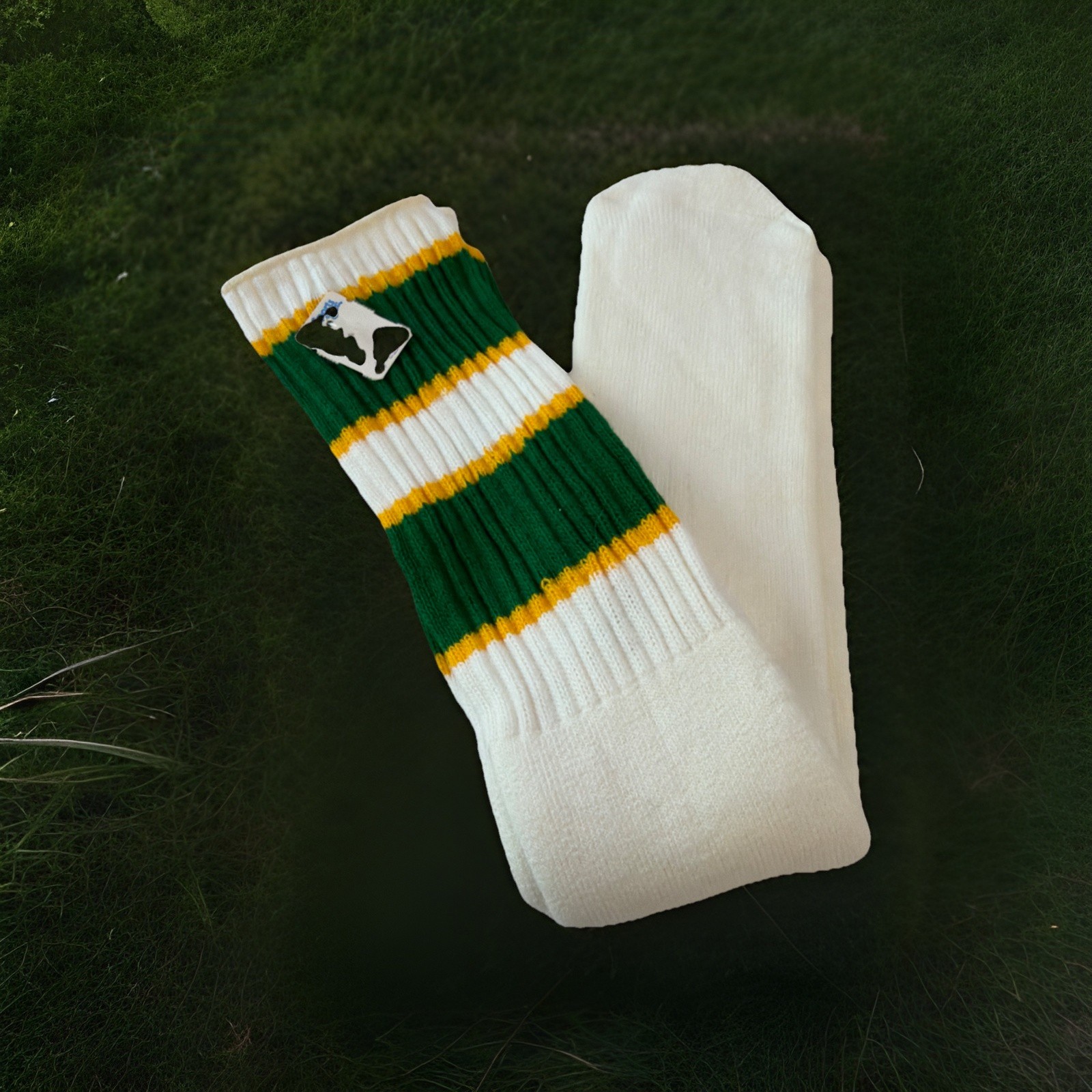 VTG Socks 80’s Nelson Crew Green Gold Striped Over The Calf 9-15 Acrylic USA 21”