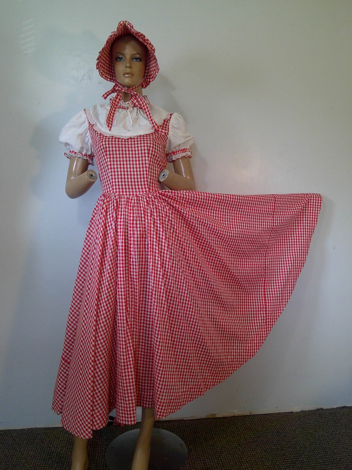 Vtg 70s Red/White Gingham Prairie Cottagecore 160″ Full Sweep Maxi Dress & Hat M