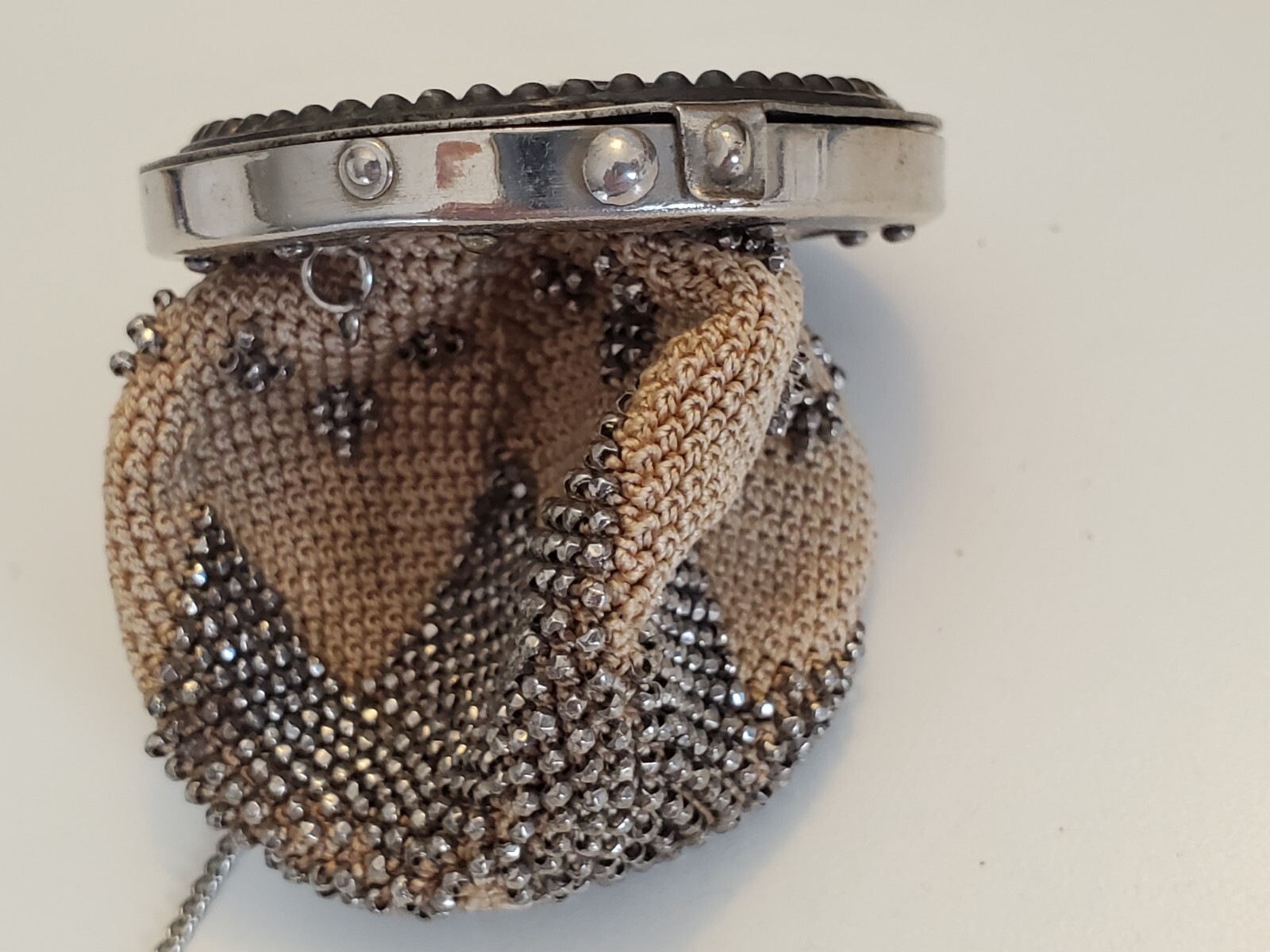 Antique Victorian Crochet Miser Purse with Steel Micro Beads, Coins on Top 1800s