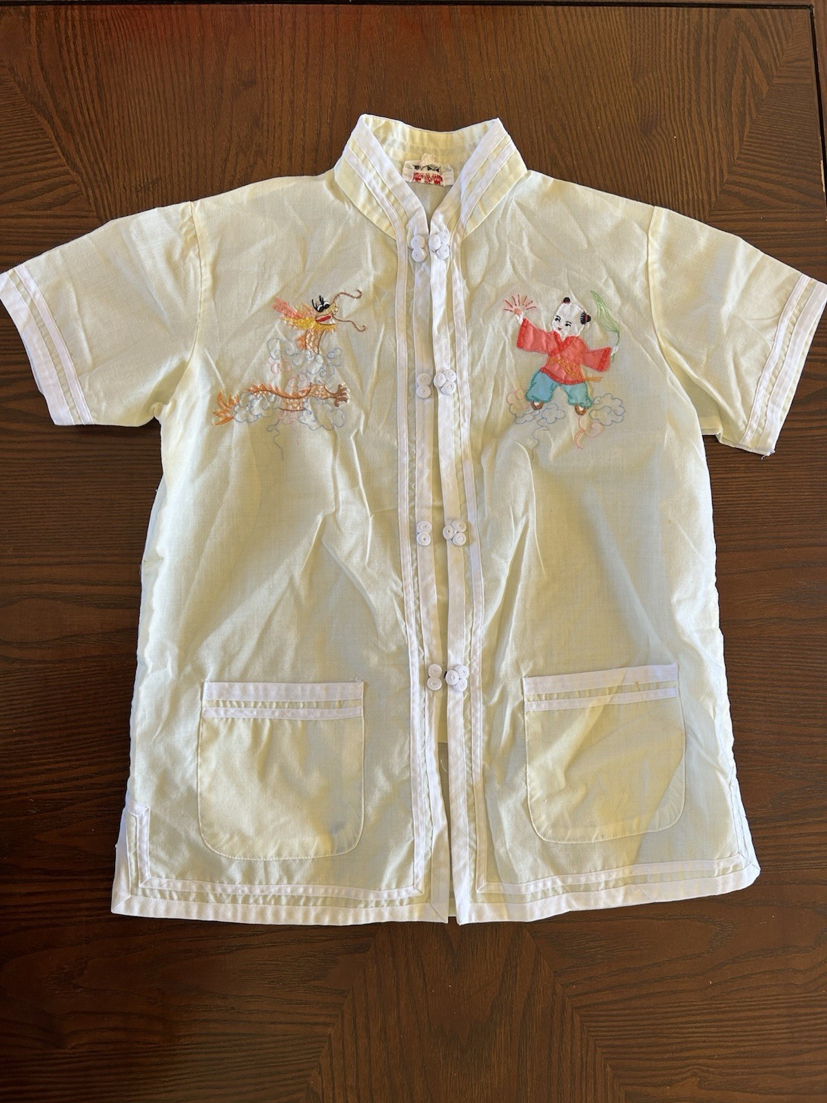 Plum Blossoms Vintage Asian Embroidered Snap Button Top Yellow/ White 12