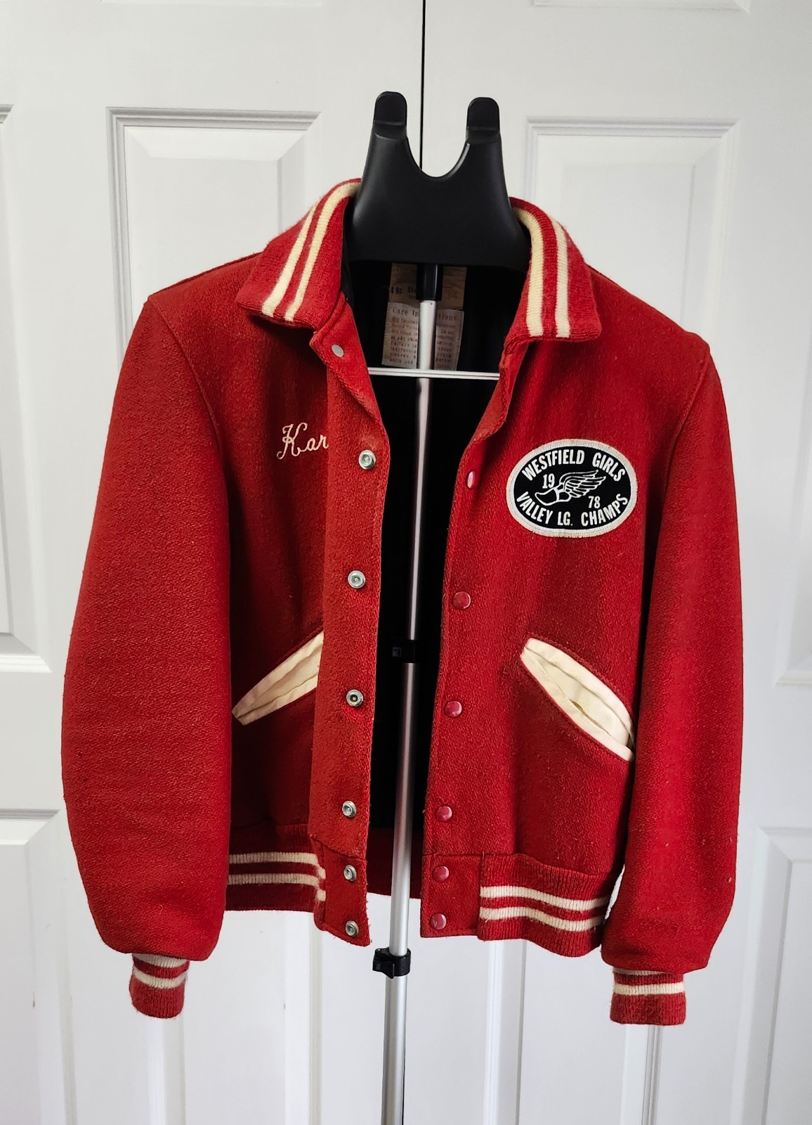 Vintage Delong 1978 Varsity Track Jacket Womens 34 Red and White Wool Snapfront