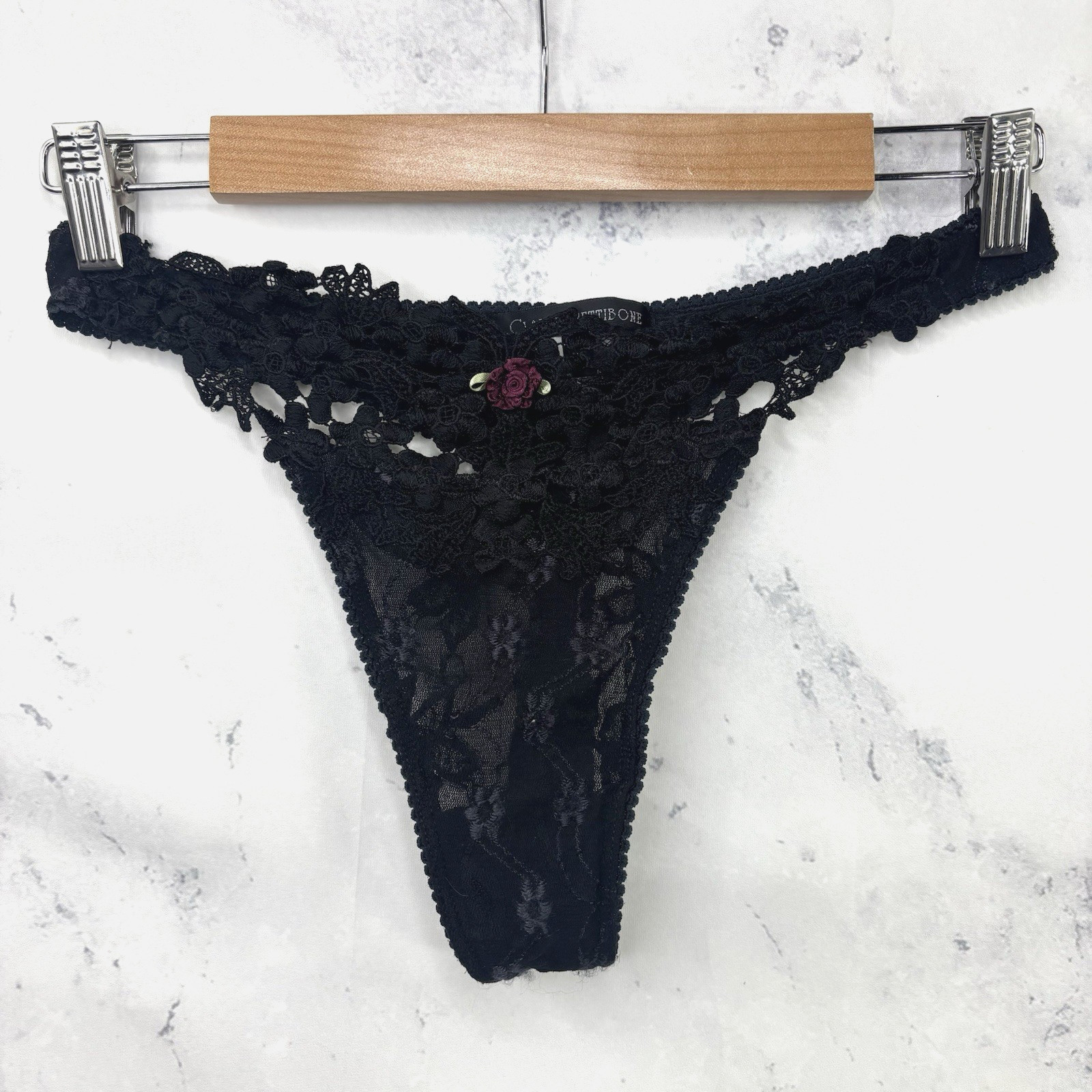 Vintage Claire Pettibone Gothic HI Cut Black Lace Panties Thong String Bikini L