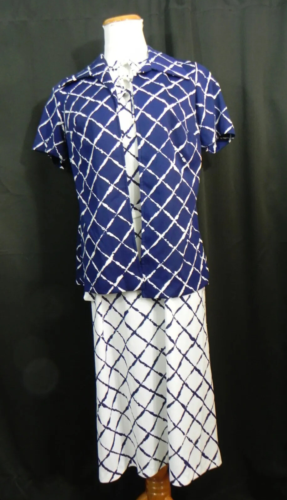 Vintage 1970s Handmade DRESS & JACKET Blue White Lattice Check 2 pc Outfit OOAK
