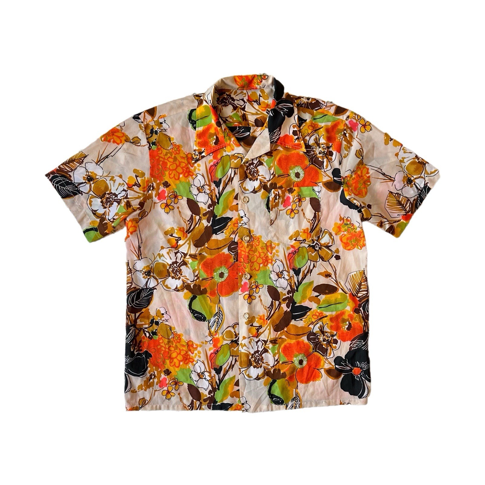 Vintage Day Glo Hawaiian Mens Shirt Top Barkcloth M Orange Multicolor Floral