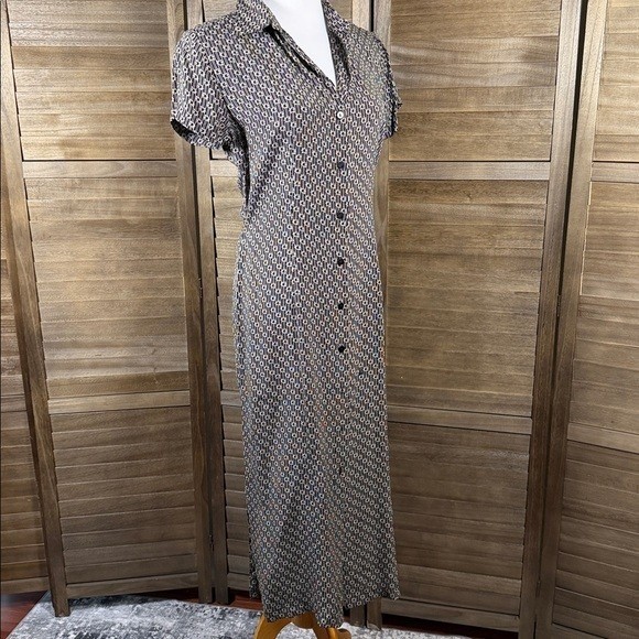 Karen Kane Vintage Black White Geometric Maxi Dress Button Front Tie Back Size 6
