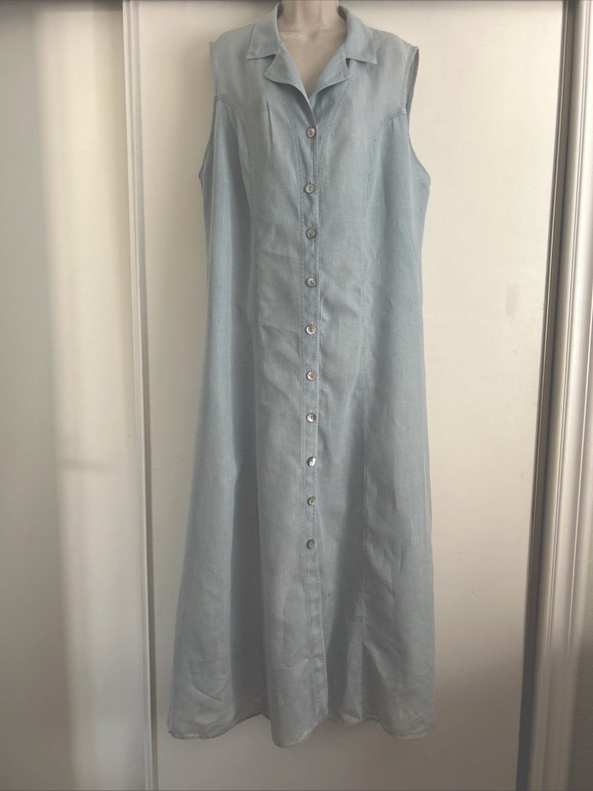 Vintage Carole Little II Linen Blue Collared Button Down Sleeveless Dress SZ 1X