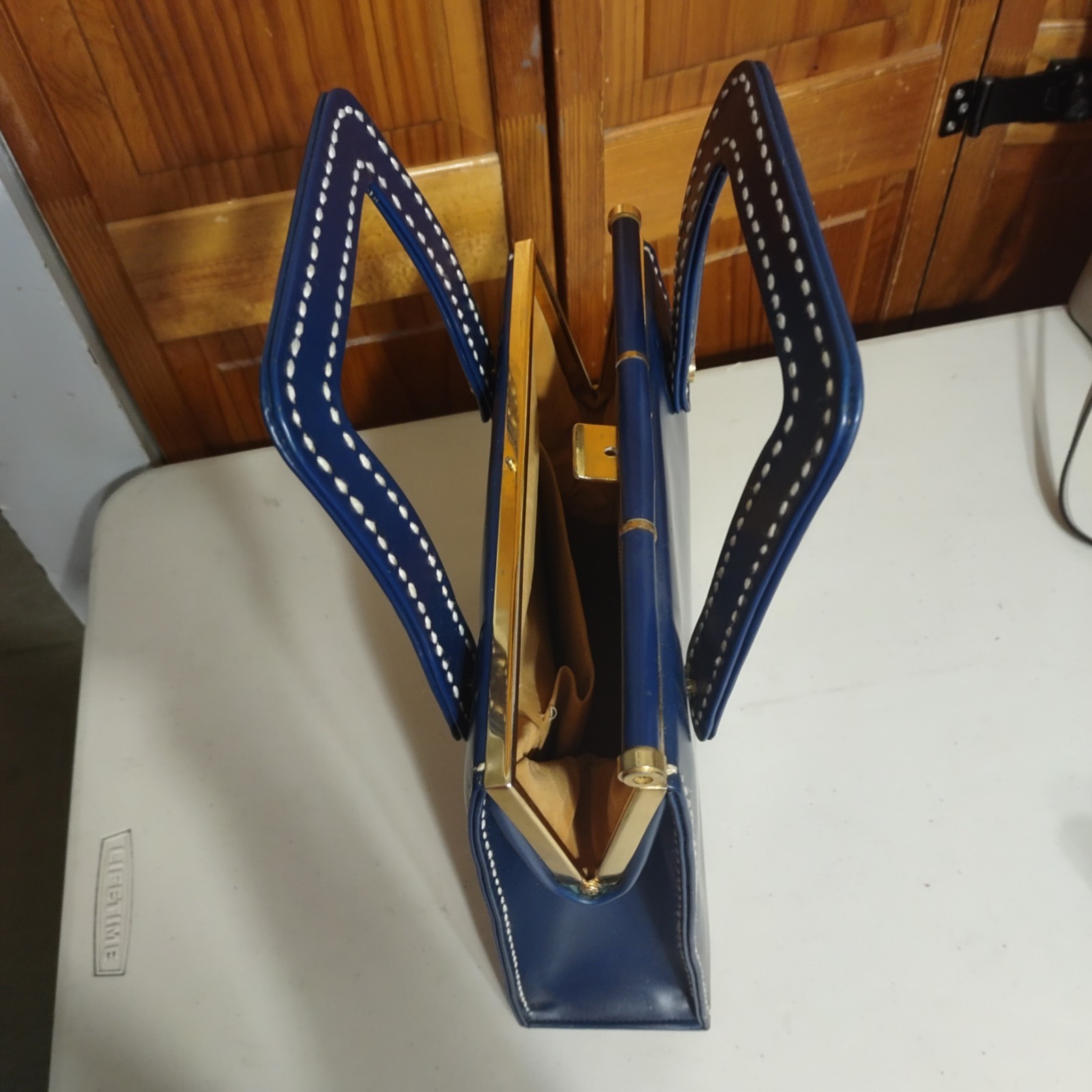 1960s Blue Leather Handbag With Gold Disk, Gold and Blue Top Handle Bag