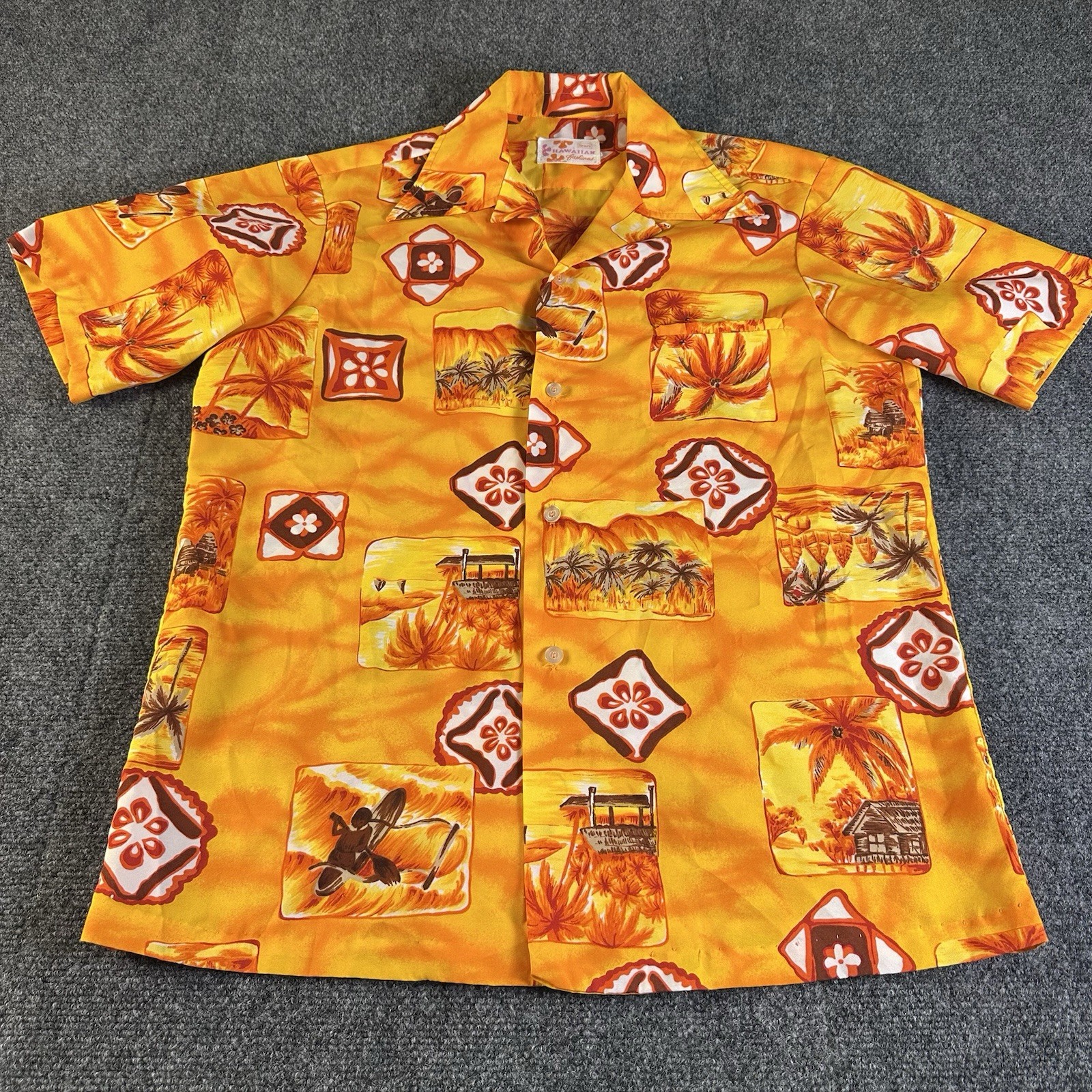 Vintage 70s Sears Hawaiian Fashions Shirt Mens Medium Orange Yellow Surf Tapa