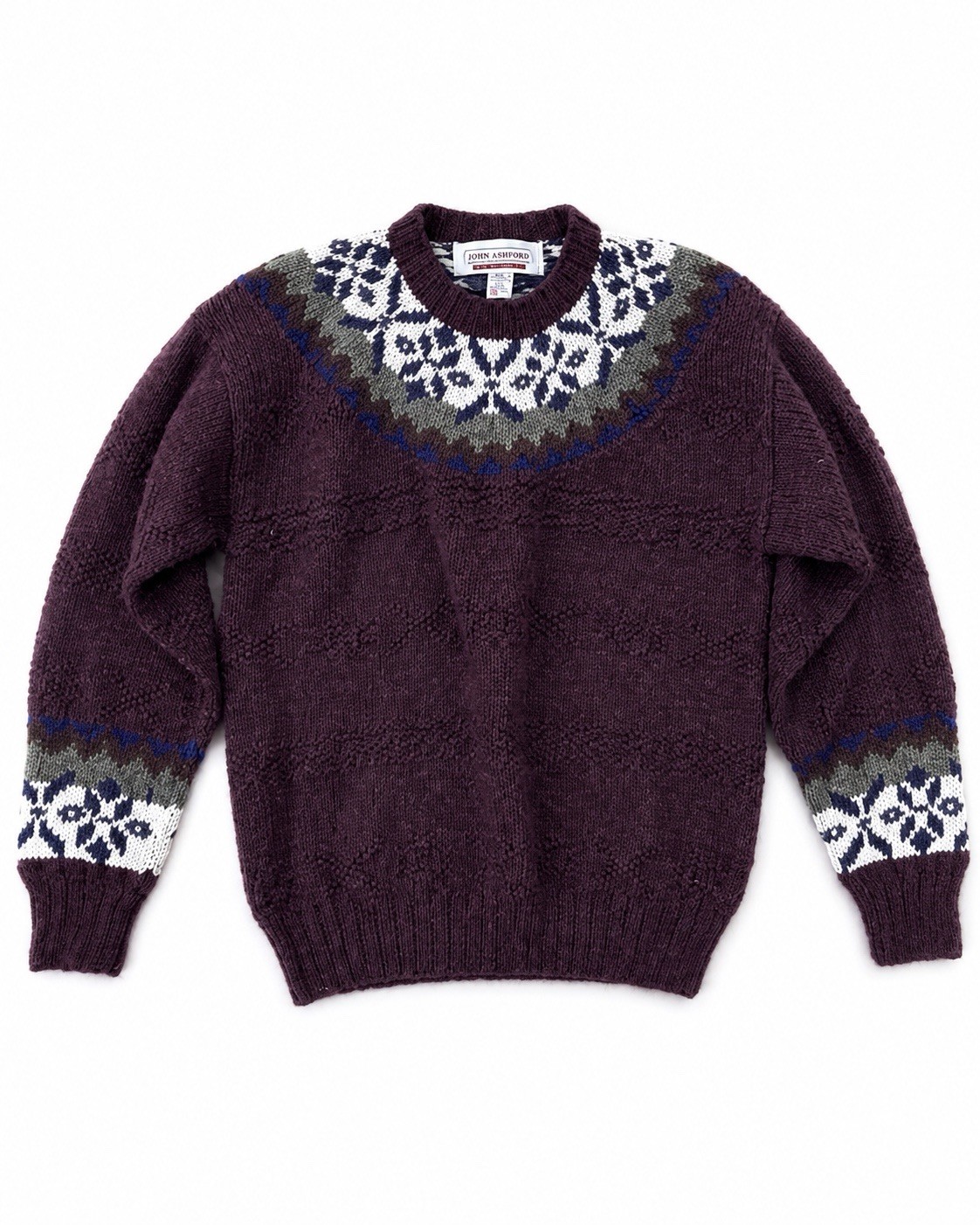 Vintage Mens John Ashford 100% Wool Handknit Snowflake Sweater Fairisle Neck M
