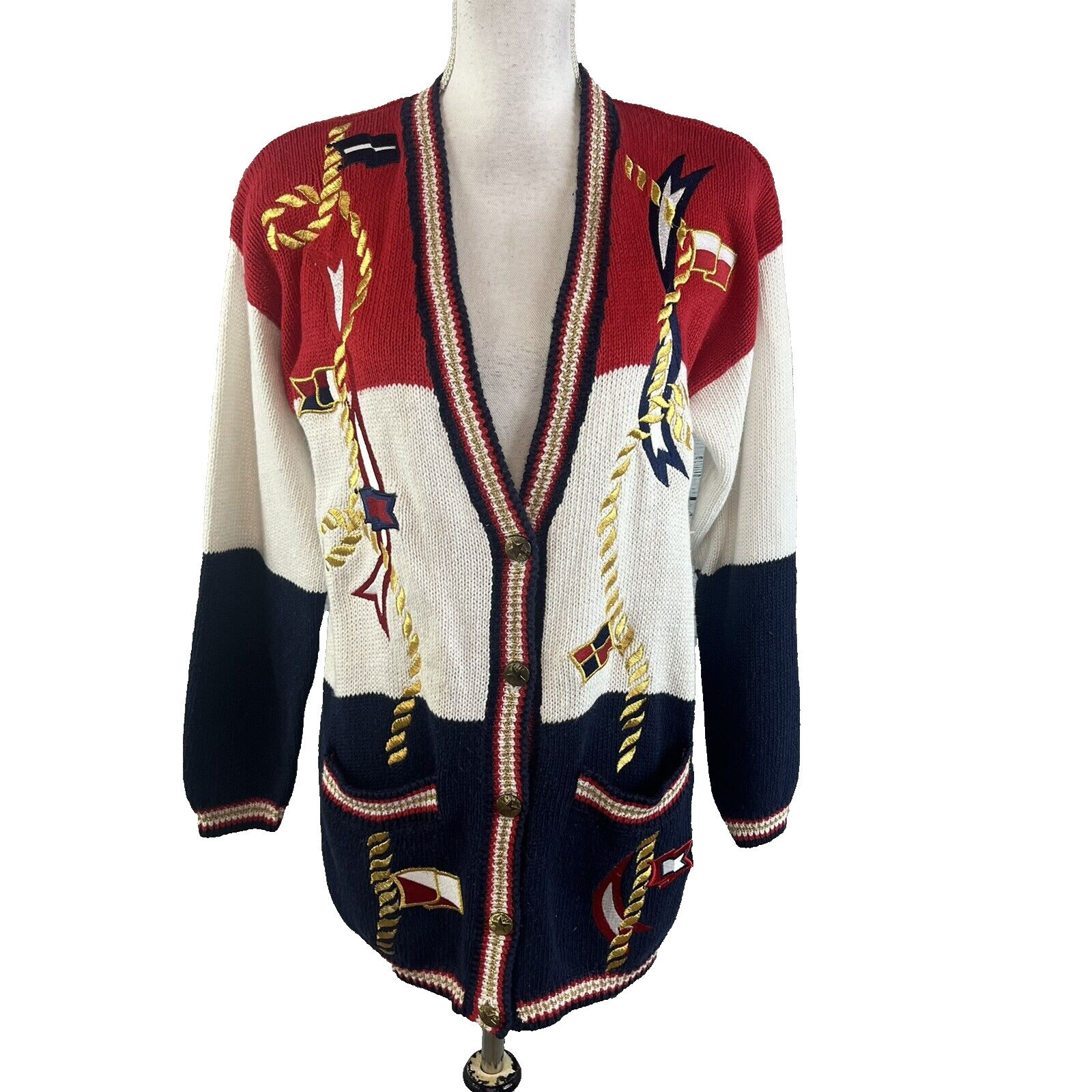 Vintage Karen Scott Cardigan Sweater size Small Red Blue Nautical Sailor Boating