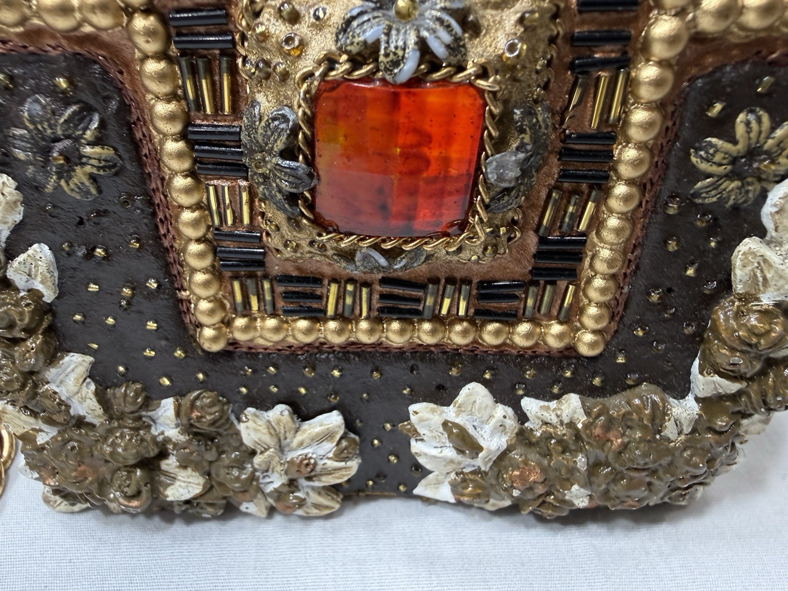 Mary Frances Victorian Style Vintage 1990s Embellished And Beaded Gold Mache Bag