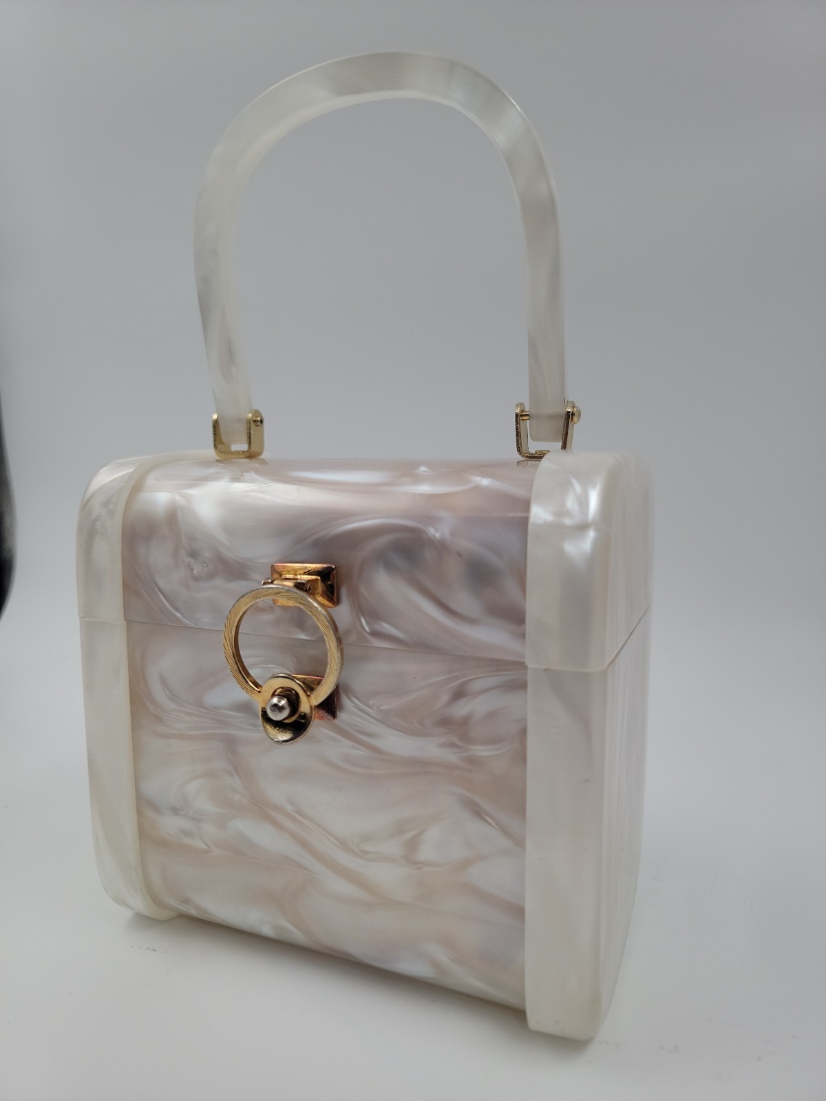 Vintage Lucite Stylecraft Pearlized Box Purse 6” (w) X 4” (d) X 6” (h)