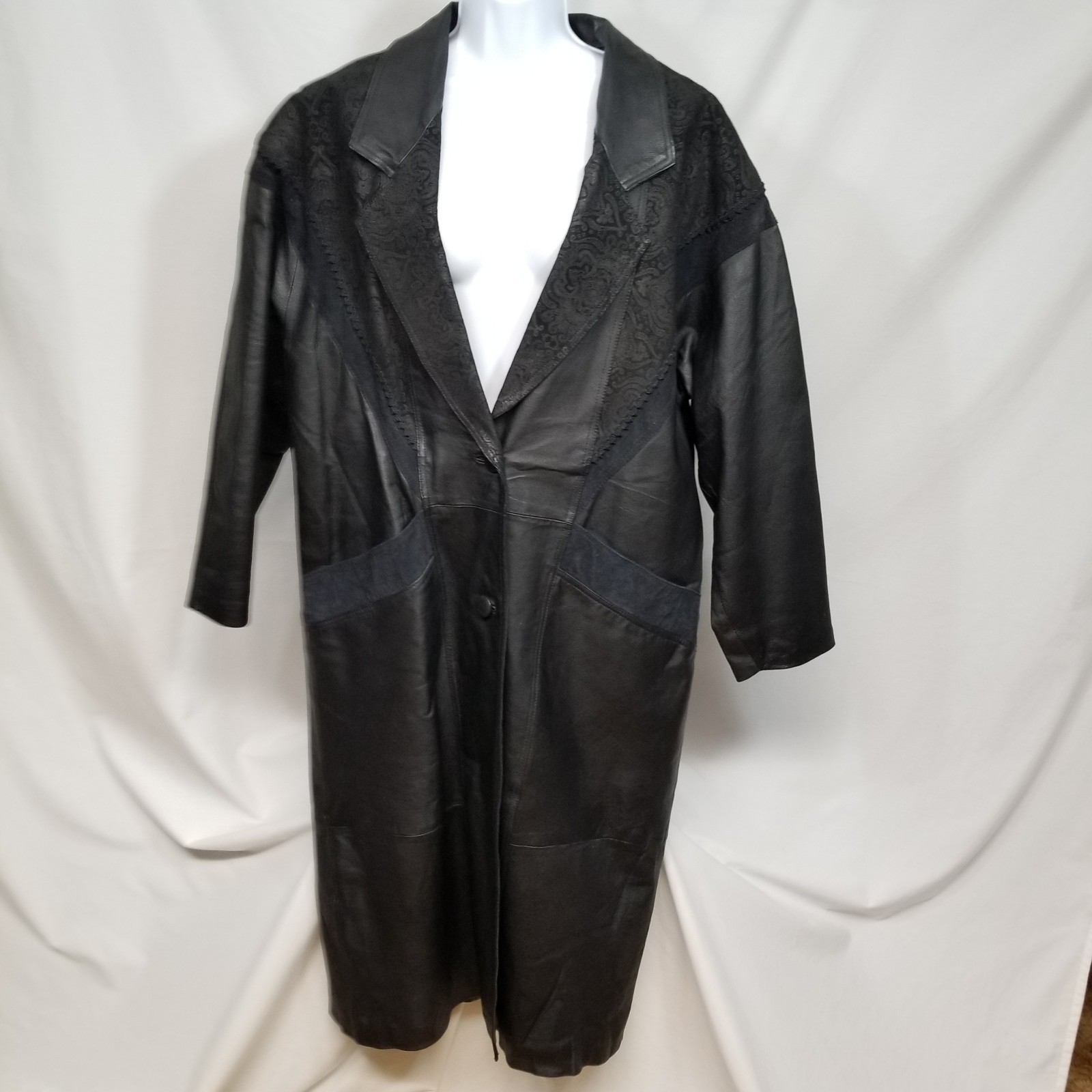 Vintage Comint Genuine Leather & Suede Details Women Medium Black Long Over Coat