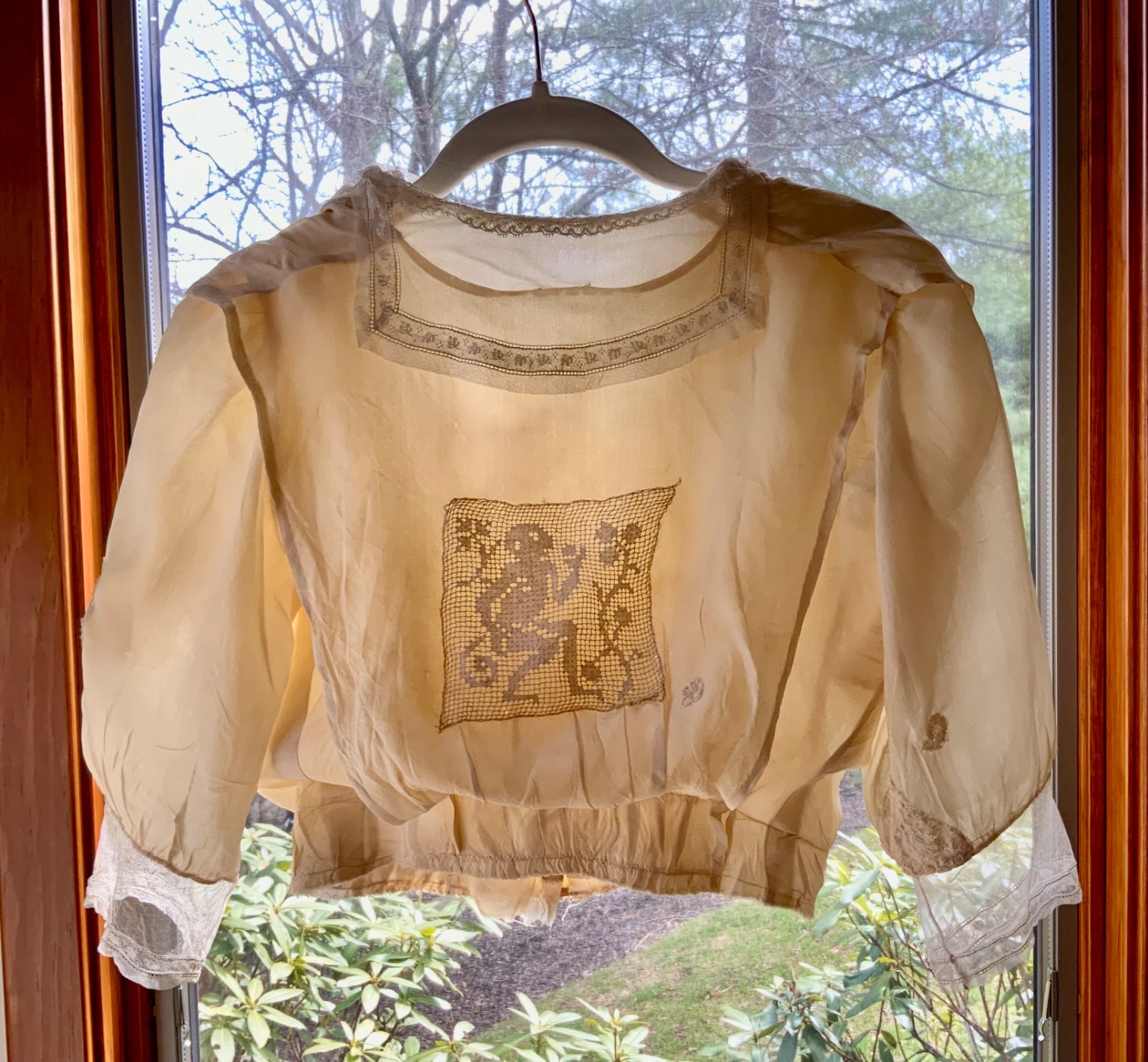 Edwardian Silk Lingerie Blouse with Filet Lace Back Panel | Antique Sheer Top |